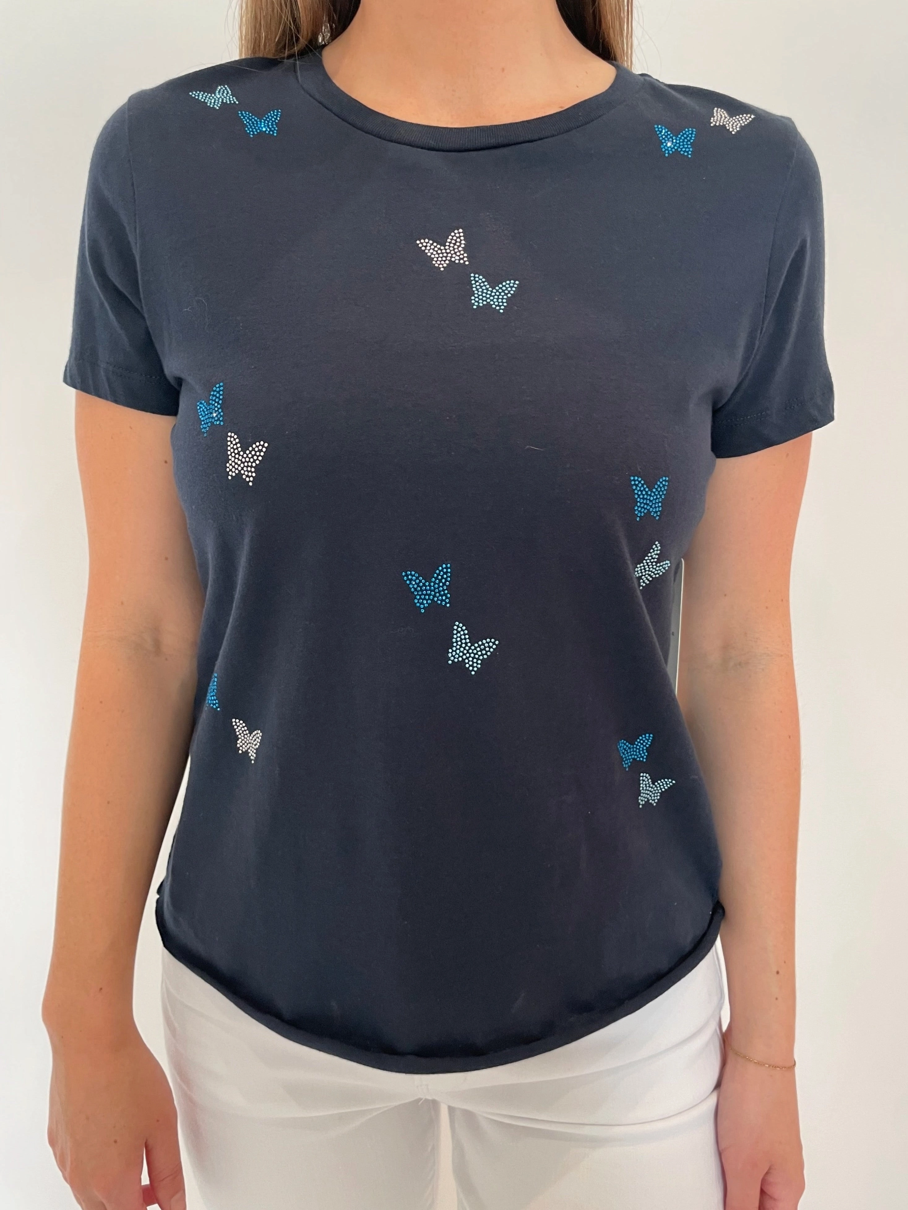 Double Needle Hemming Butterflies T-Shirt - Navy