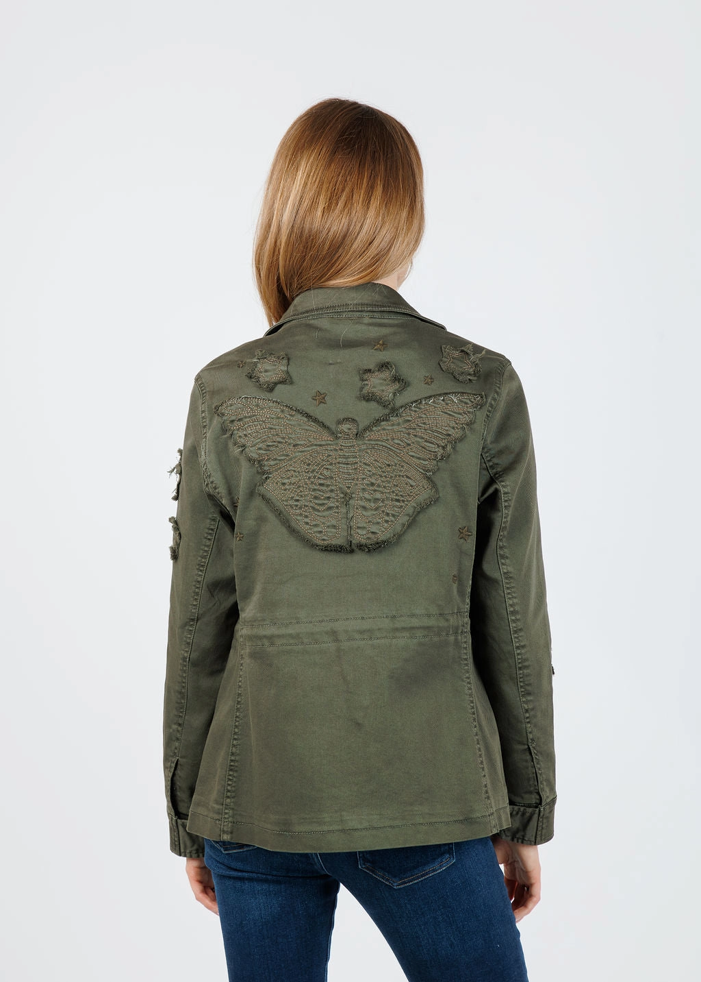 Fade Resistant Dye Method Butterfly Embroidery Cotton Blend Jacket - Army