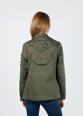 Fade Resistant Dye Method Butterfly Embroidery Cotton Blend Jacket - Army