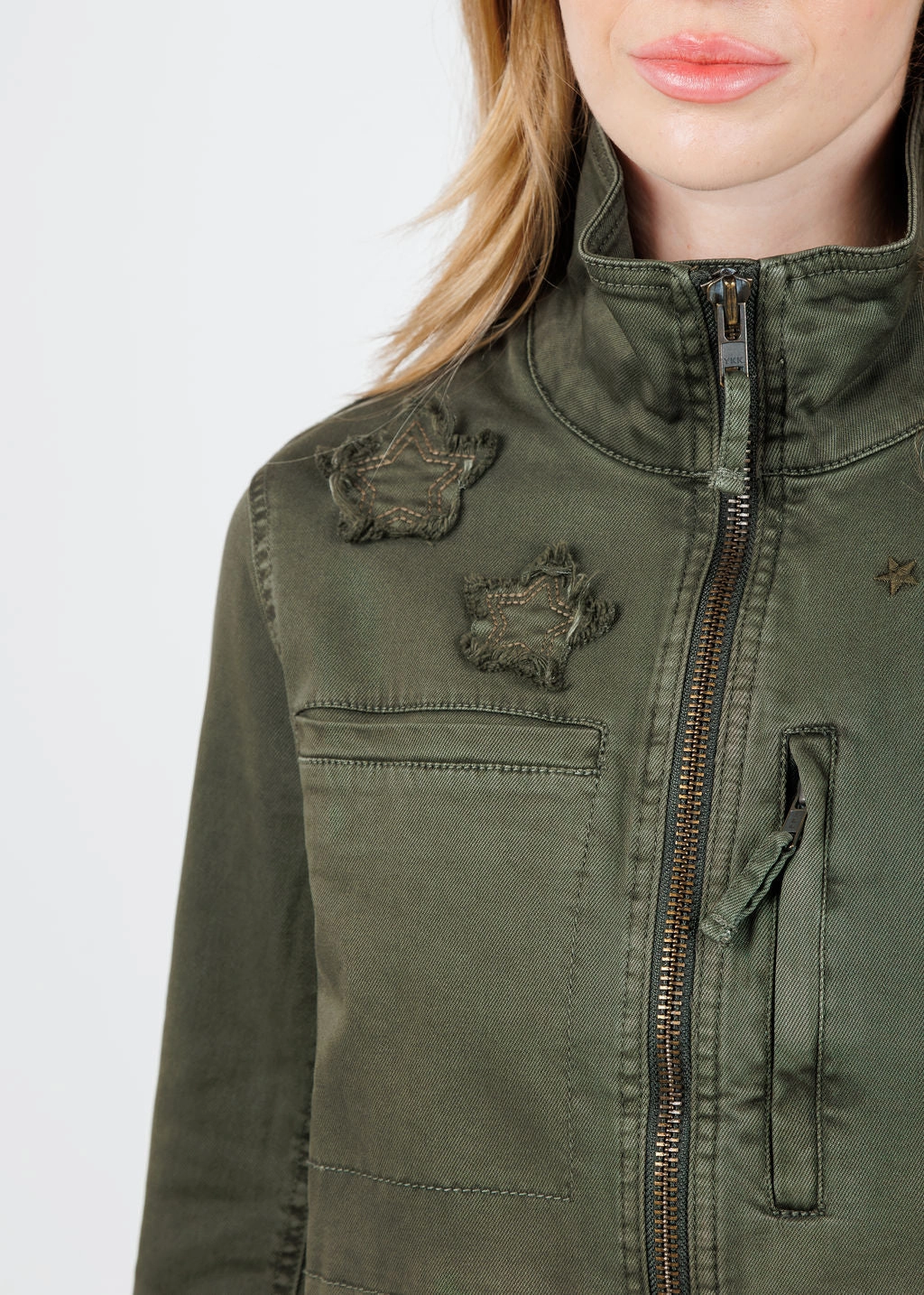 Butterfly Embroidery Cotton Blend Jacket - Army Double Layered Hood