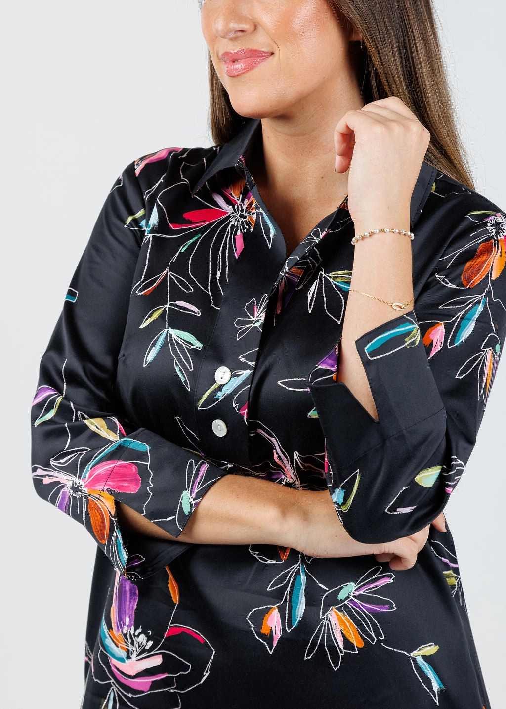 Aileen 3/4 Sleeve Tencel Satin Dress - Floral Stencil Farm Scene Elegant Waist