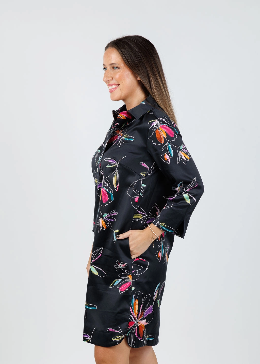 Aileen 3/4 Sleeve Tencel Satin Dress - Floral Stencil Mid Season Soft Stitch