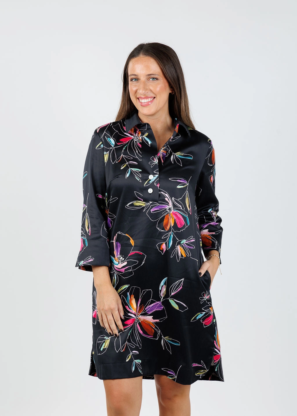 Tailored-fit Aileen 3/4 Sleeve Tencel Satin Dress - Floral Stencil