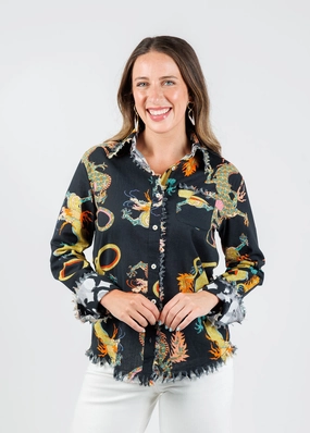Graphic Art Durable Quality Cape Cod Cotton/Linen Frayed Shirt - Black Dragon