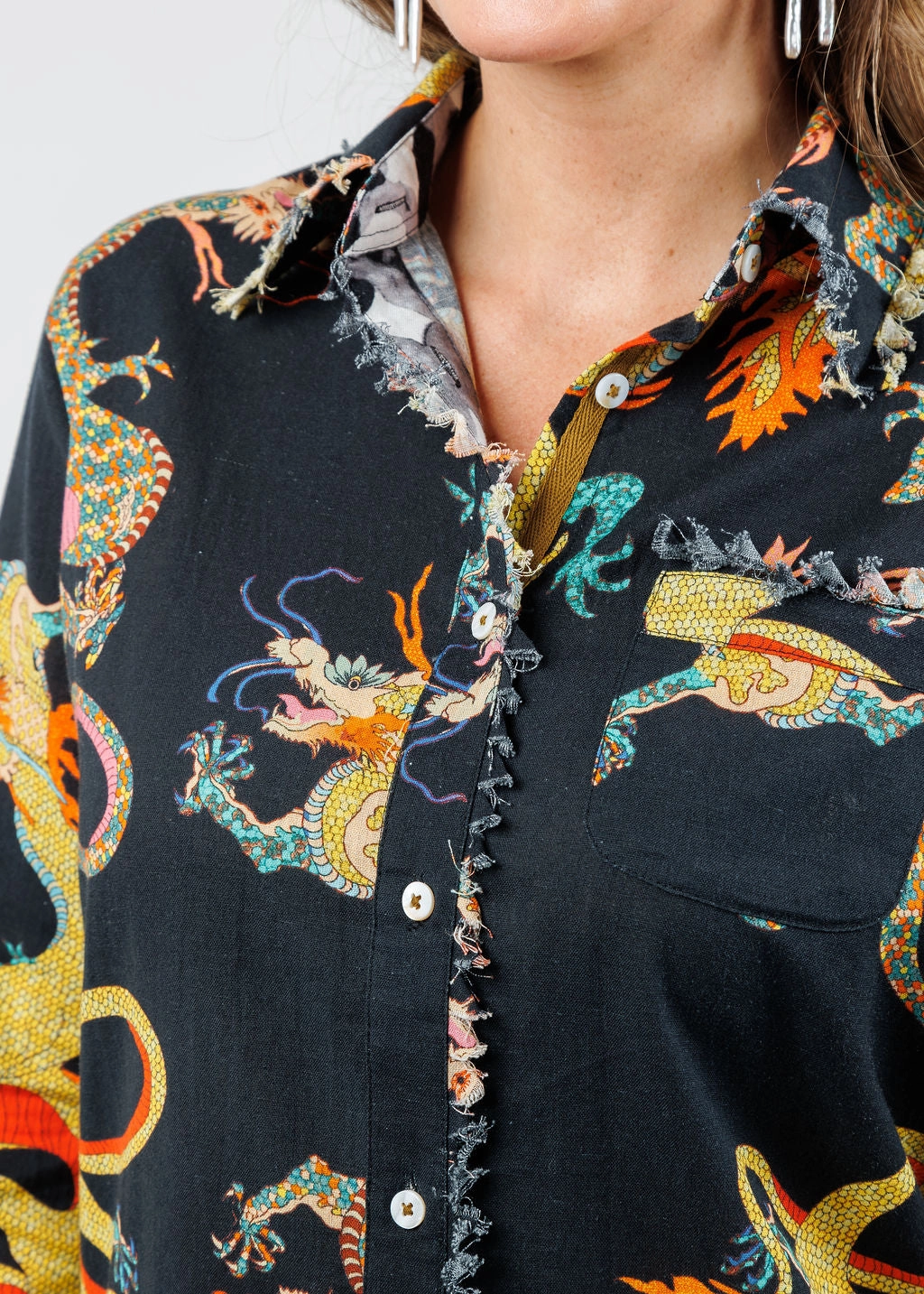 Cape Cod Cotton/Linen Frayed Shirt - Black Dragon Fashion Comfort