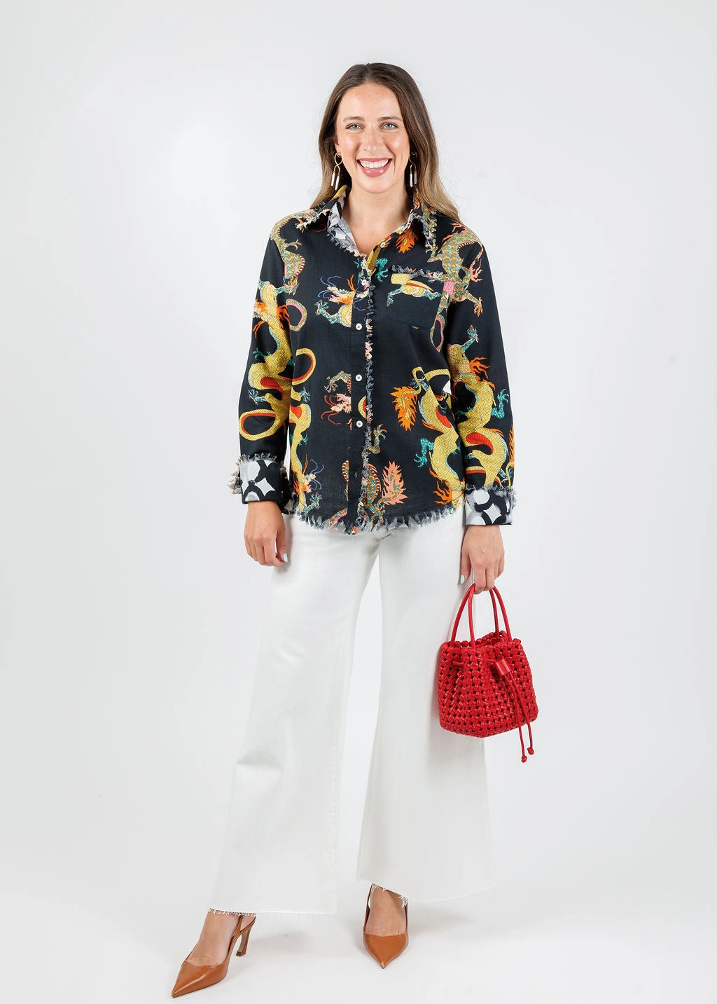 Eye-Catching Pattern Cape Cod Cotton/Linen Frayed Shirt - Black Dragon