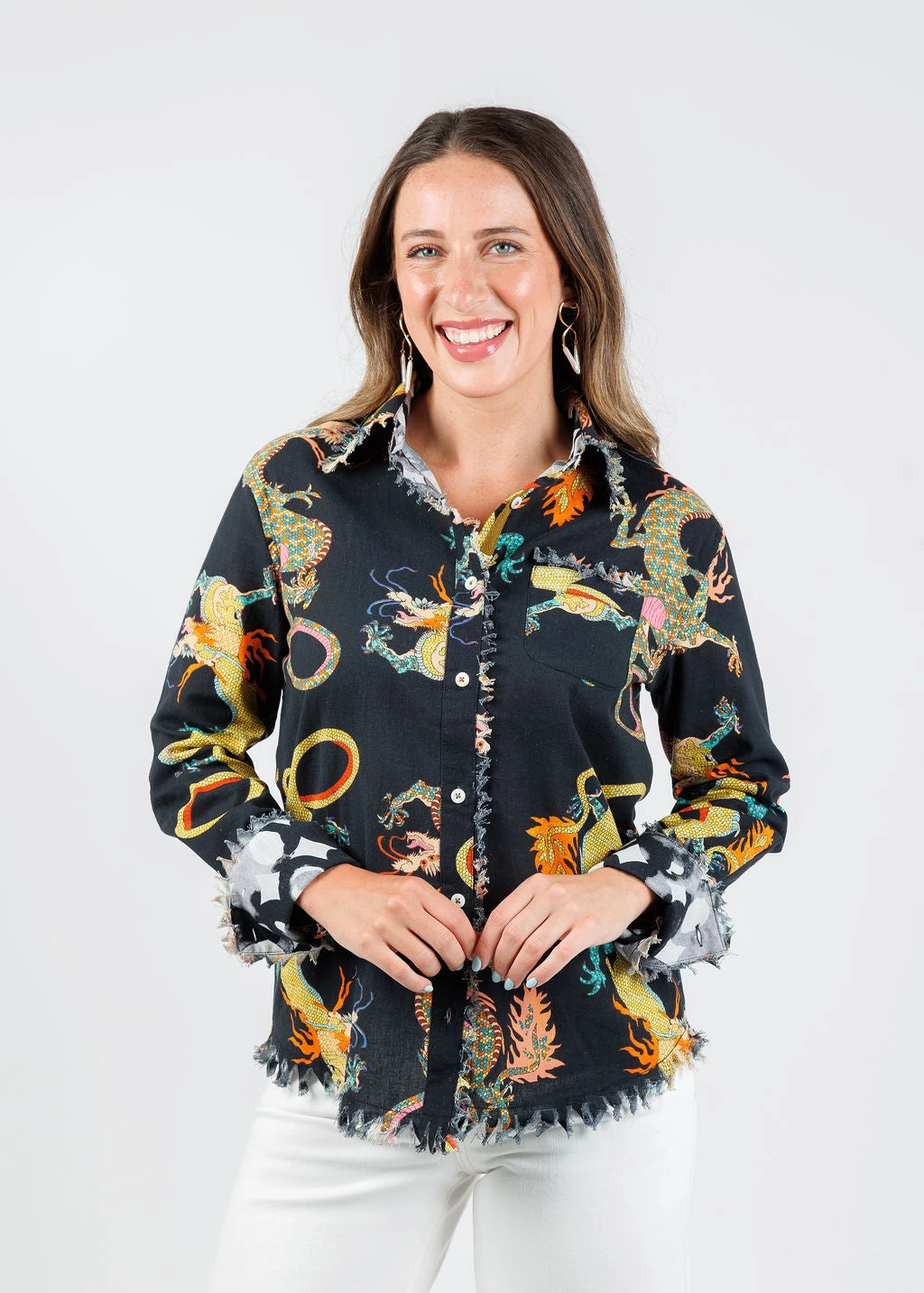 Graphic Art Durable Quality Cape Cod Cotton/Linen Frayed Shirt - Black Dragon