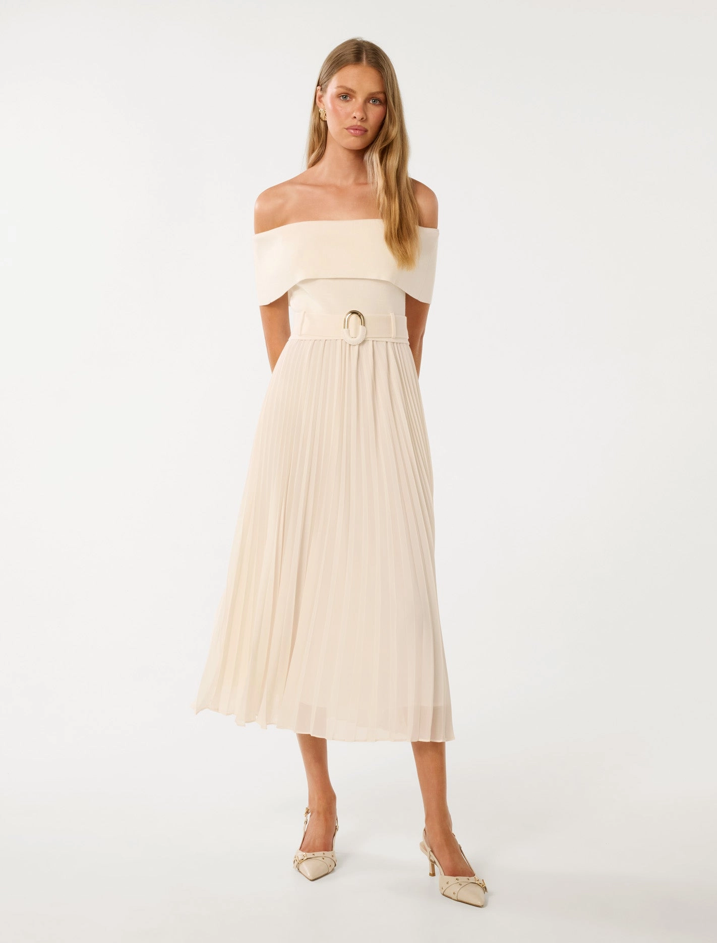 Capri Bardot Pleat Hem Midi Dress Side Ruching Body Confidence