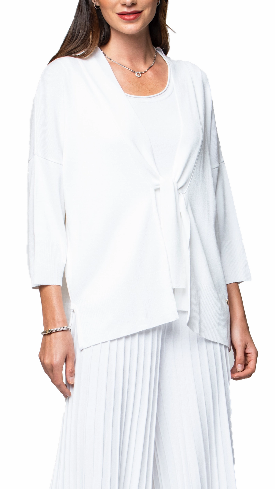 Side Slit Design Malia Three-Quarter Sleeved Front-Tie Cardigan; White