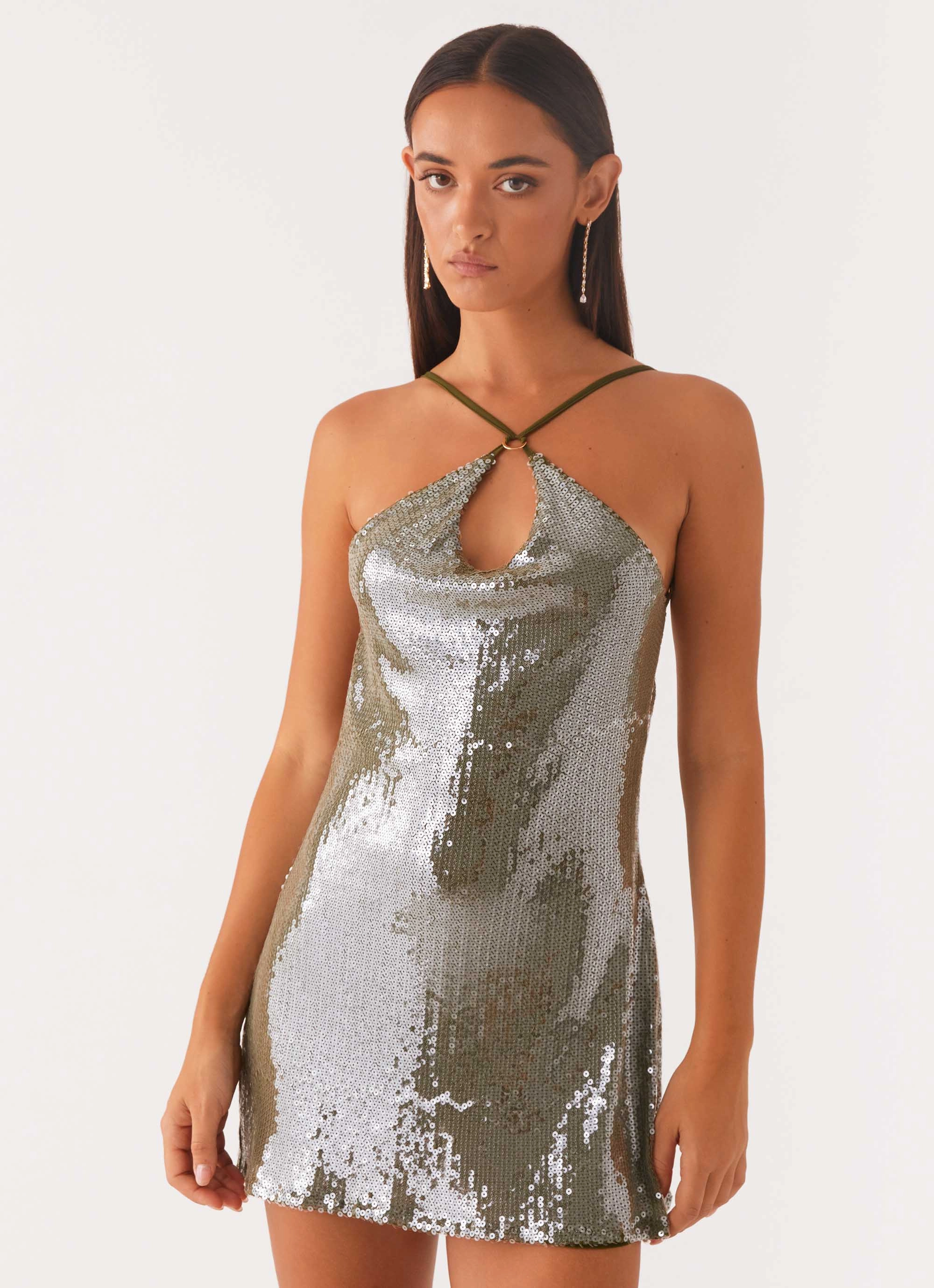 Trendy Fit Look Elegant Waist Radiant Energy Cowl Back Mini Dress - Olive