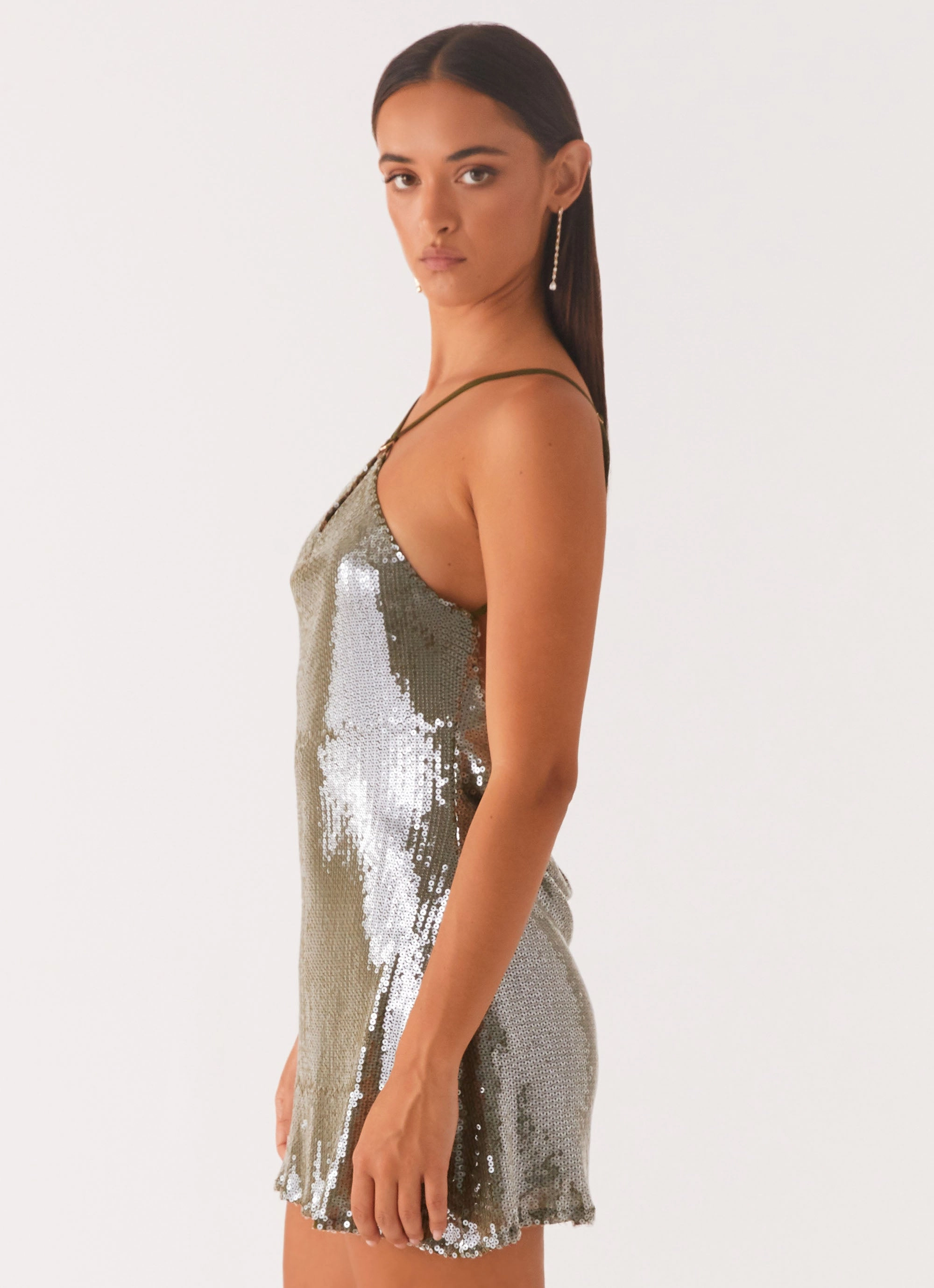 Sophisticated Touch Radiant Energy Cowl Back Mini Dress - Olive