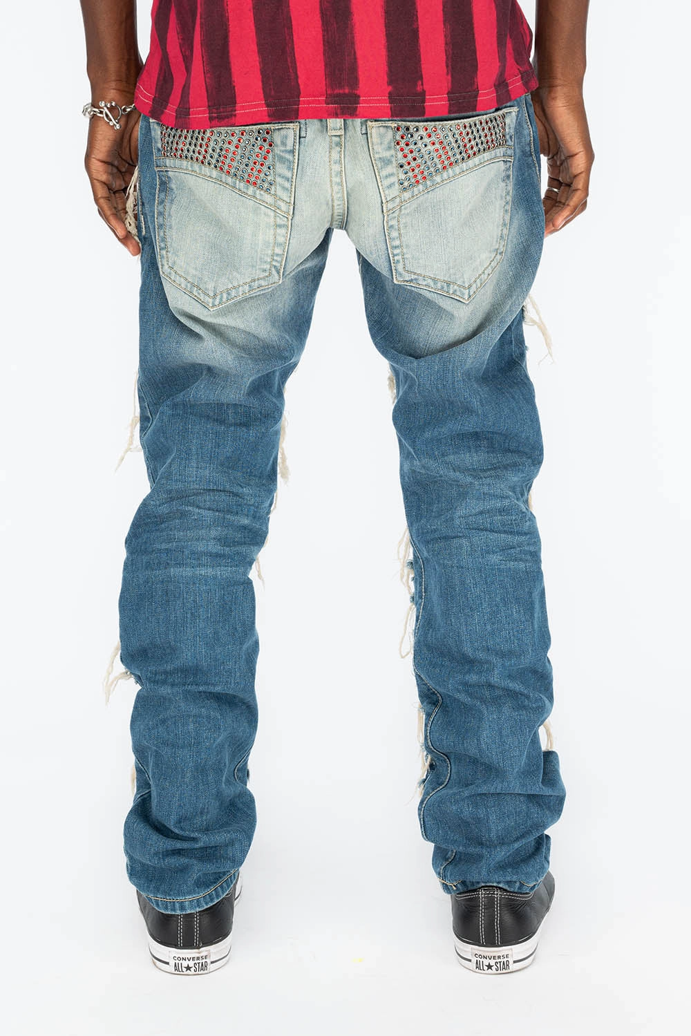 Neutral Fit Piece MARLON RIPPED,BROKEN HAND REPAIRED DENIM JEANS IN  MANDAN BLUE WITH STUDS AND CRYSTALS