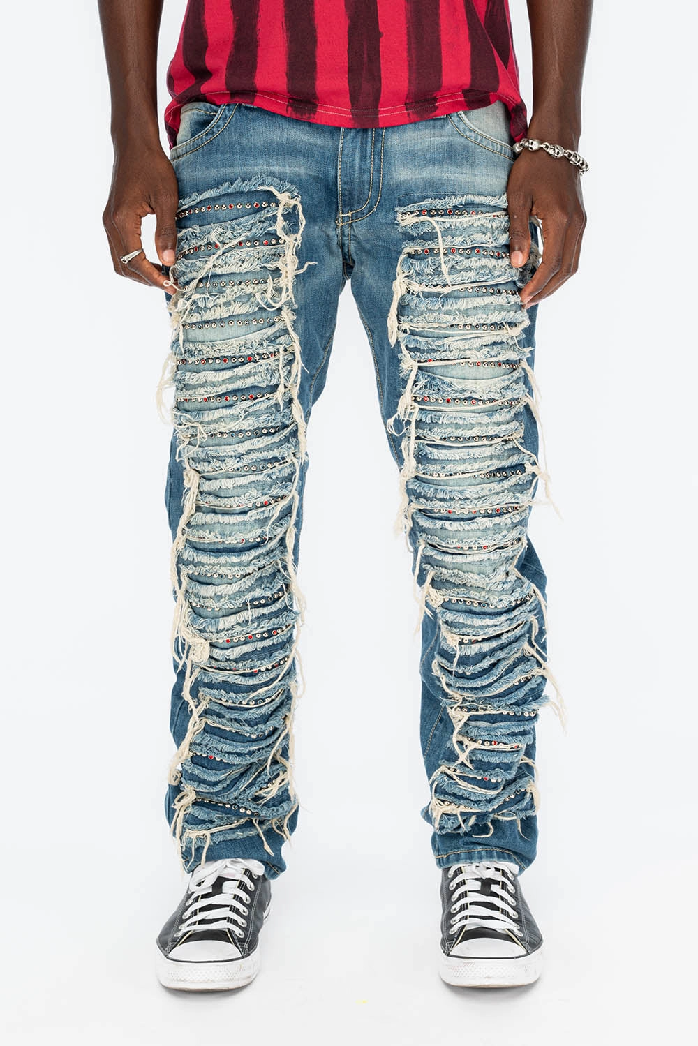 Simple clothing MARLON RIPPED,BROKEN HAND REPAIRED DENIM JEANS IN  MANDAN BLUE WITH STUDS AND CRYSTALS