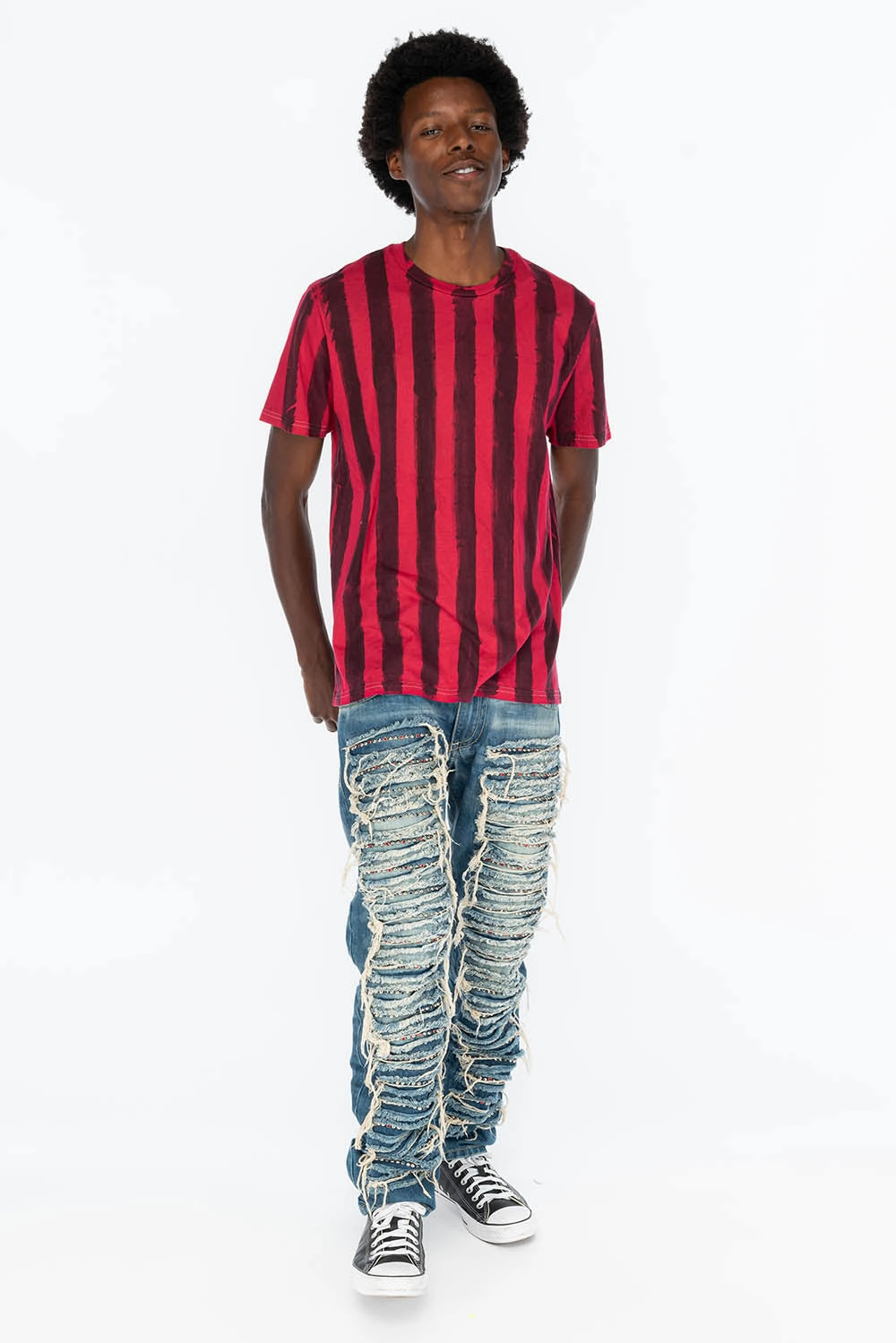 MARLON RIPPED,BROKEN HAND REPAIRED DENIM JEANS IN  MANDAN BLUE WITH STUDS AND CRYSTALS Sleek Silhouette Relaxed Style Bold