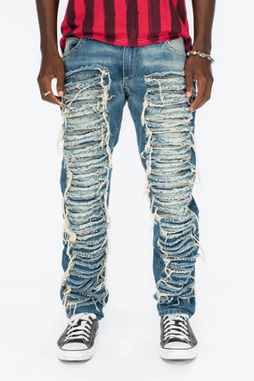 Simple clothing MARLON RIPPED,BROKEN HAND REPAIRED DENIM JEANS IN  MANDAN BLUE WITH STUDS AND CRYSTALS