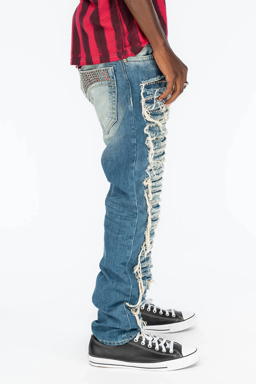 MARLON RIPPED,BROKEN HAND REPAIRED DENIM JEANS IN  MANDAN BLUE WITH STUDS AND CRYSTALS Modern Vibes Base Look