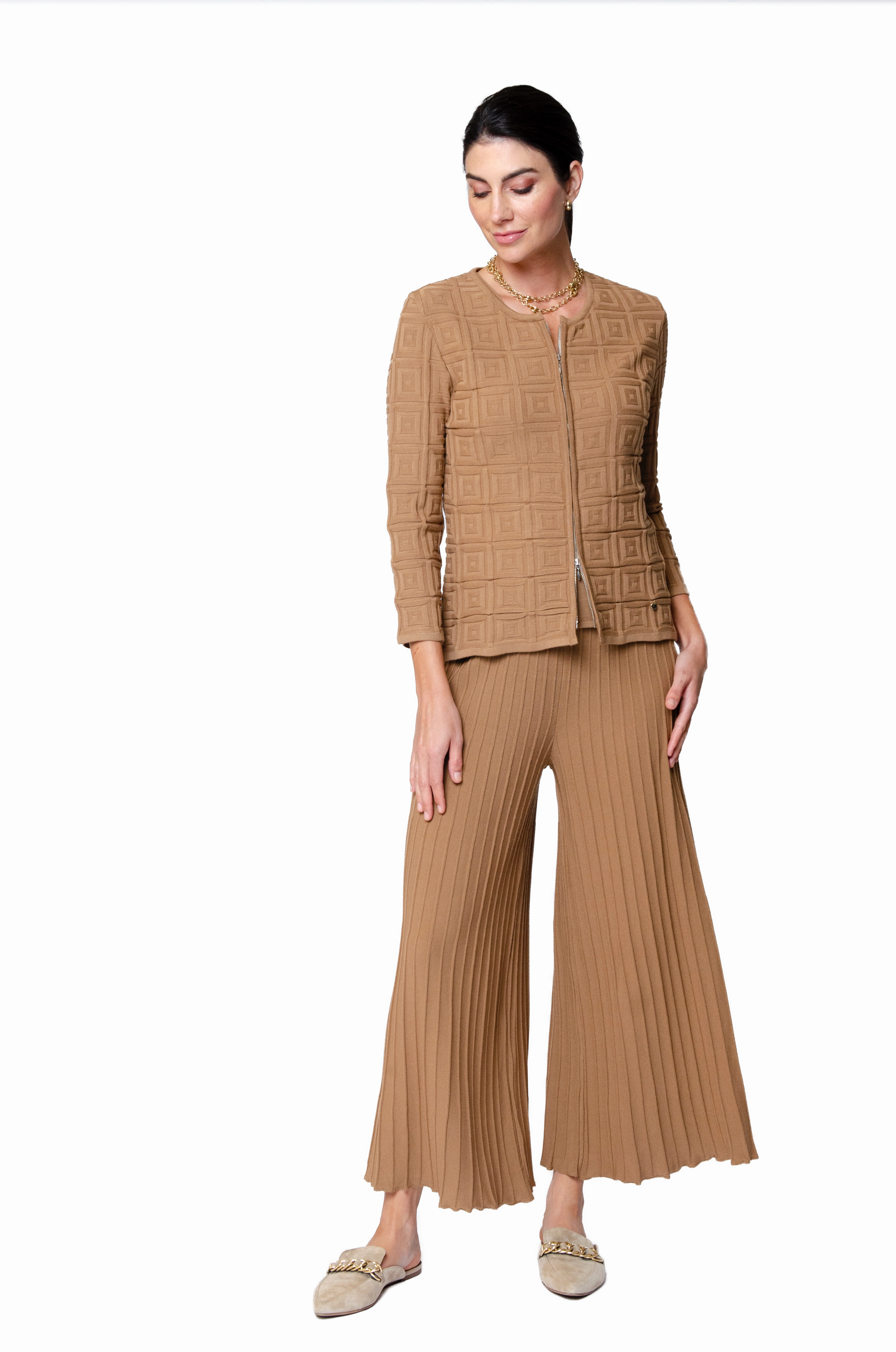Giuliana Plisse-Look Cropped Wide Leg Pants - Mocha Detachable belt