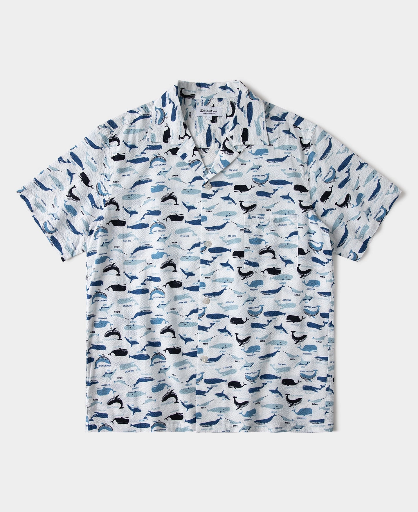 Fast Drying Marine Life Printed Seersucker Short Sleeve Camp Shirt - White