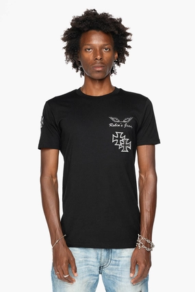 ROBIN??S LOGO WINGS TEE IN BLACK  EMBELLISHED WITH CROSS PATCHES AND CRYSTALS Cozy Hug