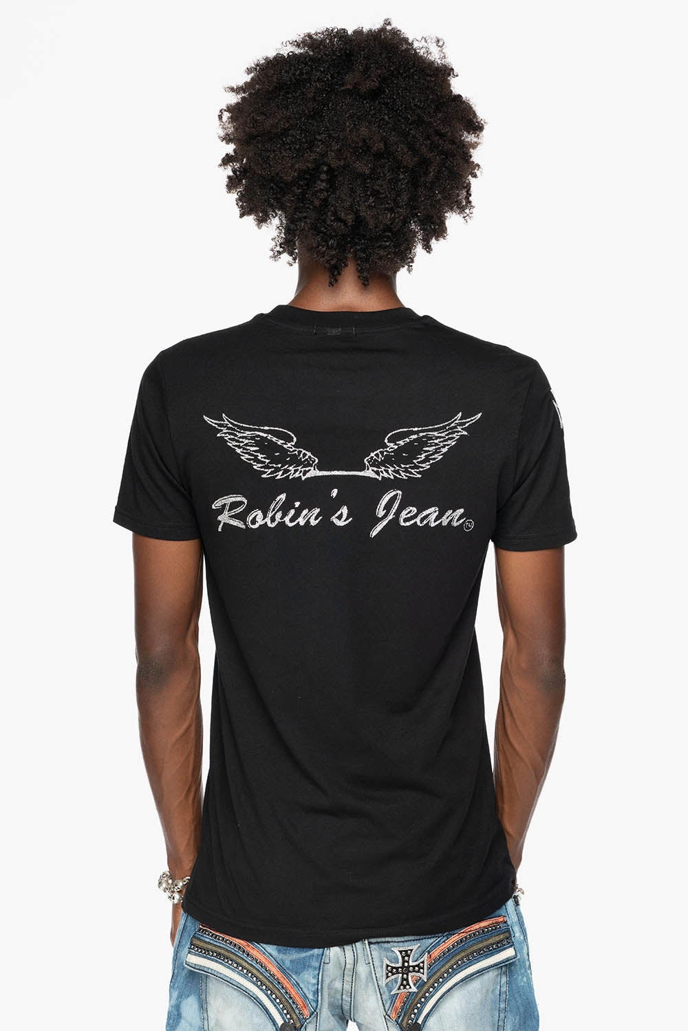 ROBIN??S LOGO WINGS TEE IN BLACK  EMBELLISHED WITH CROSS PATCHES AND CRYSTALS Effortless Comfort Wear Fashion Top