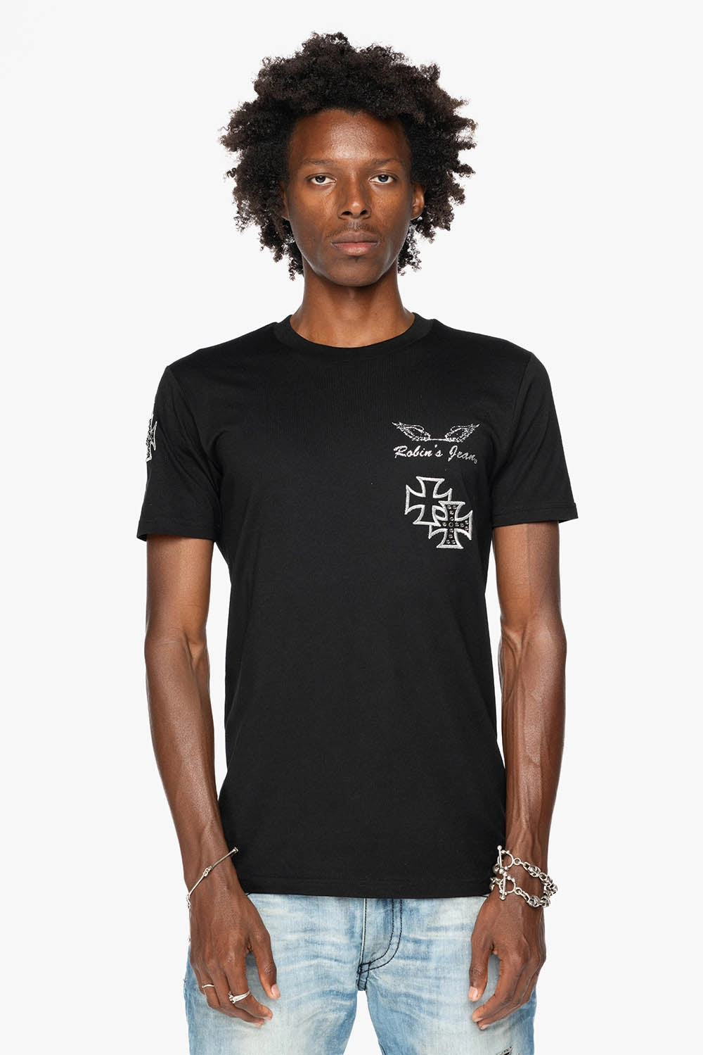 ROBIN??S LOGO WINGS TEE IN BLACK  EMBELLISHED WITH CROSS PATCHES AND CRYSTALS Cozy Hug