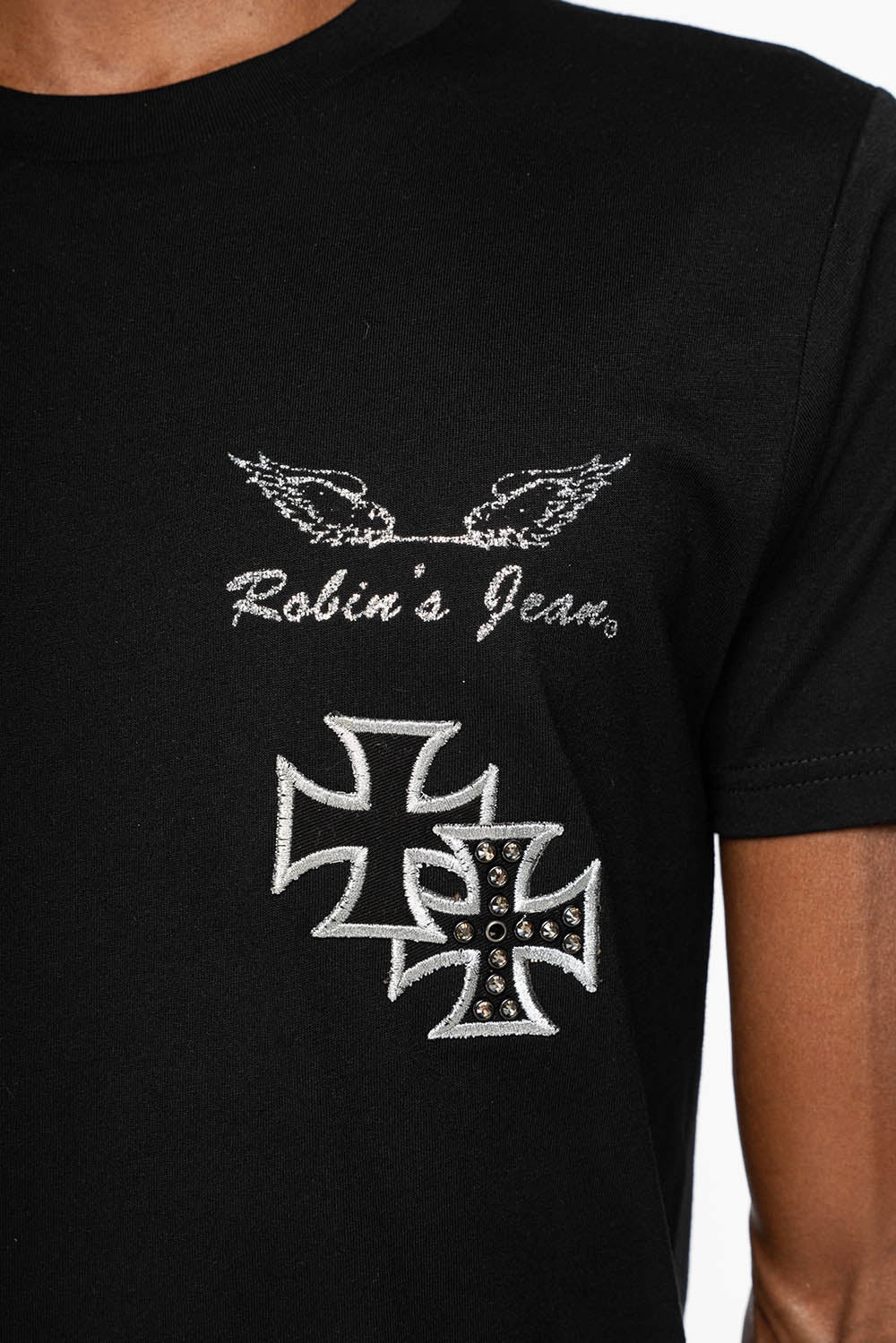 No Shrink Technology ROBIN??S LOGO WINGS TEE IN BLACK  EMBELLISHED WITH CROSS PATCHES AND CRYSTALS
