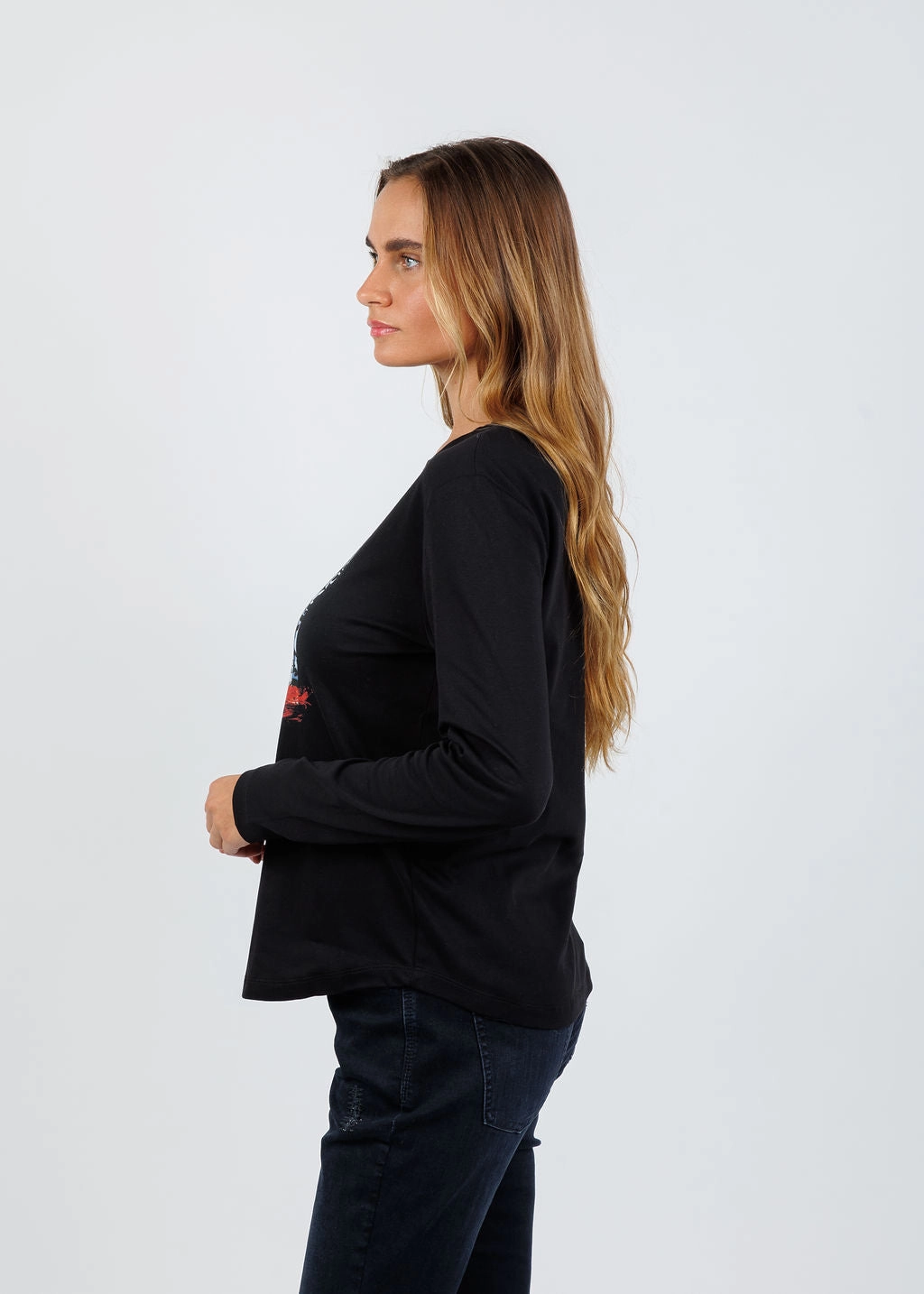 Two Tone Stitching Chic Option Catherine Black Long Sleeve Crew Tee - Red Bunny