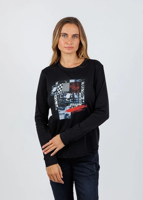 Catherine Black Long Sleeve Crew Tee - Red Bunny Seamless construction