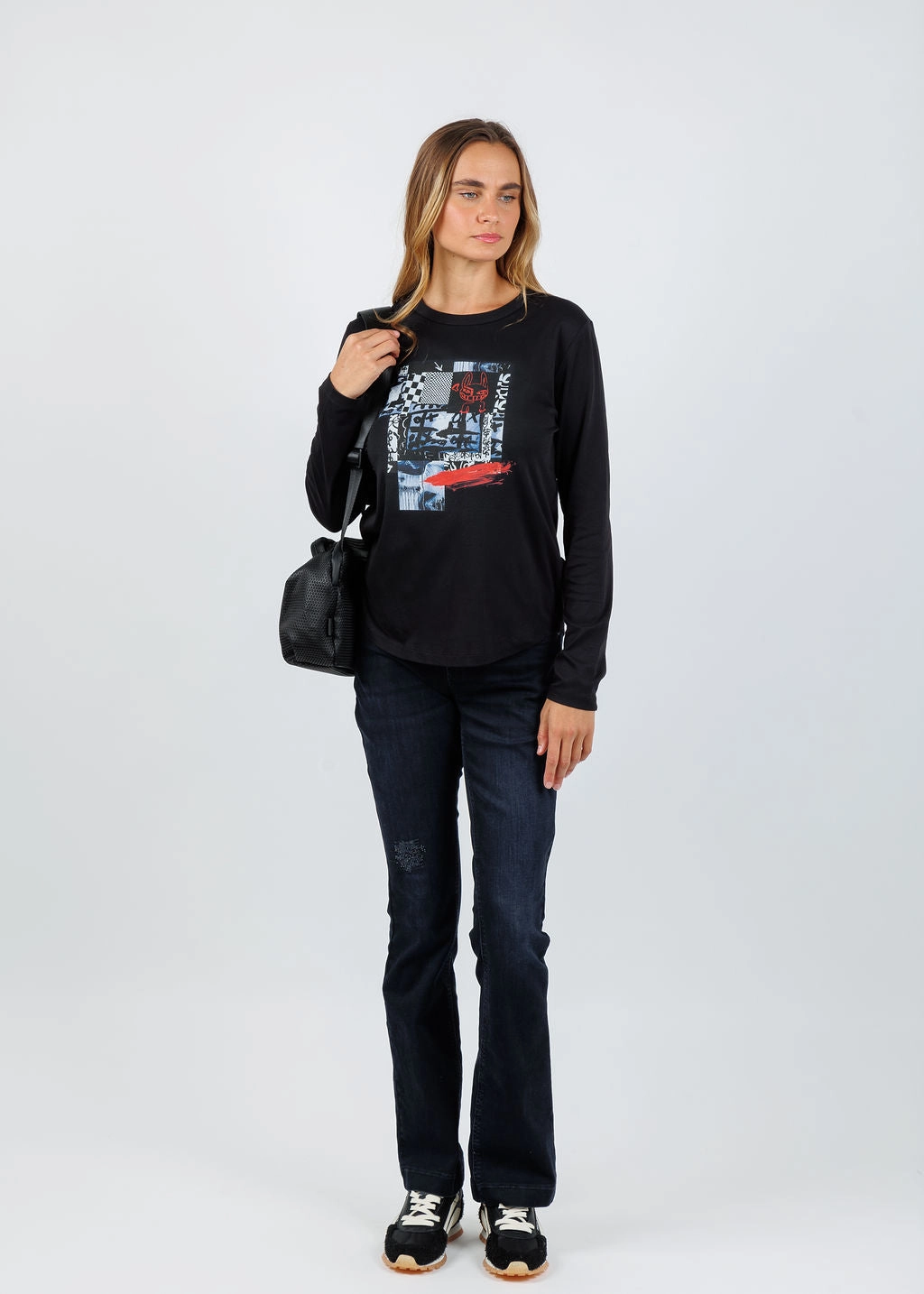 Catherine Black Long Sleeve Crew Tee - Red Bunny Adjustable Hem