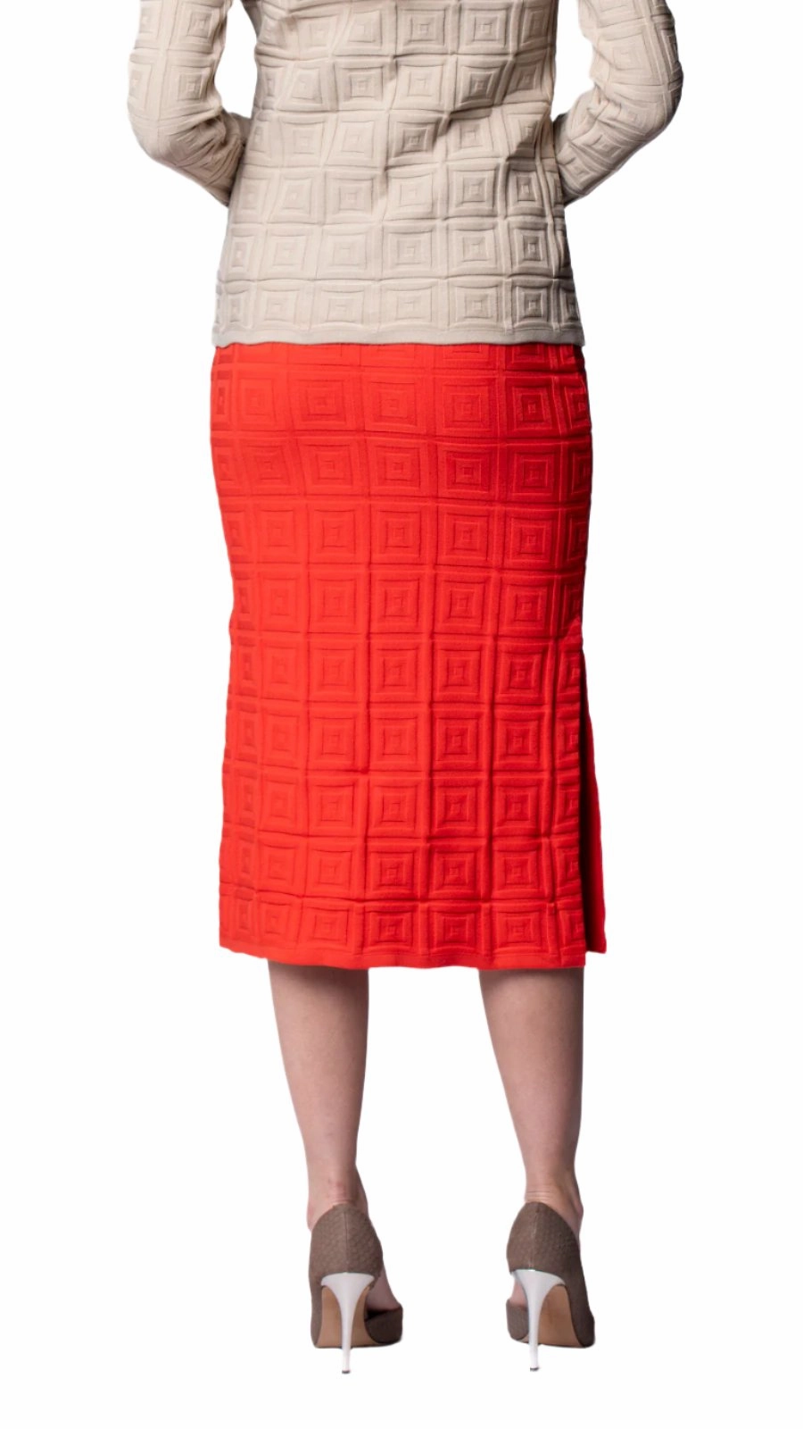 Sabrina Square Pattern Midi Straight Skirt - Bright Orange / Fall Pre-Order Flow Look Contrast Stitching