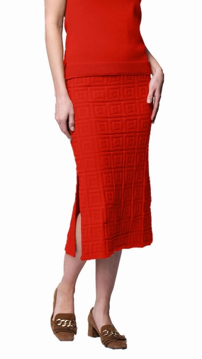 Sabrina Square Pattern Midi Straight Skirt - Bright Orange / Fall Pre-Order Reinforced Hemline