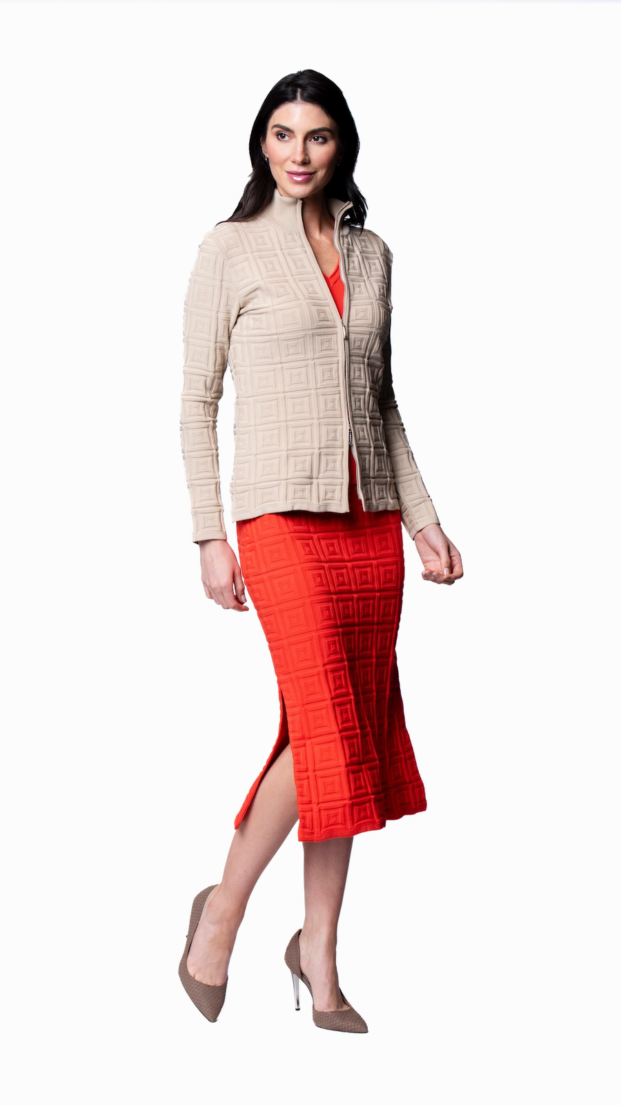 Sabrina Square Pattern Midi Straight Skirt - Bright Orange / Fall Pre-Order Couture Inspired Lightweight Lining