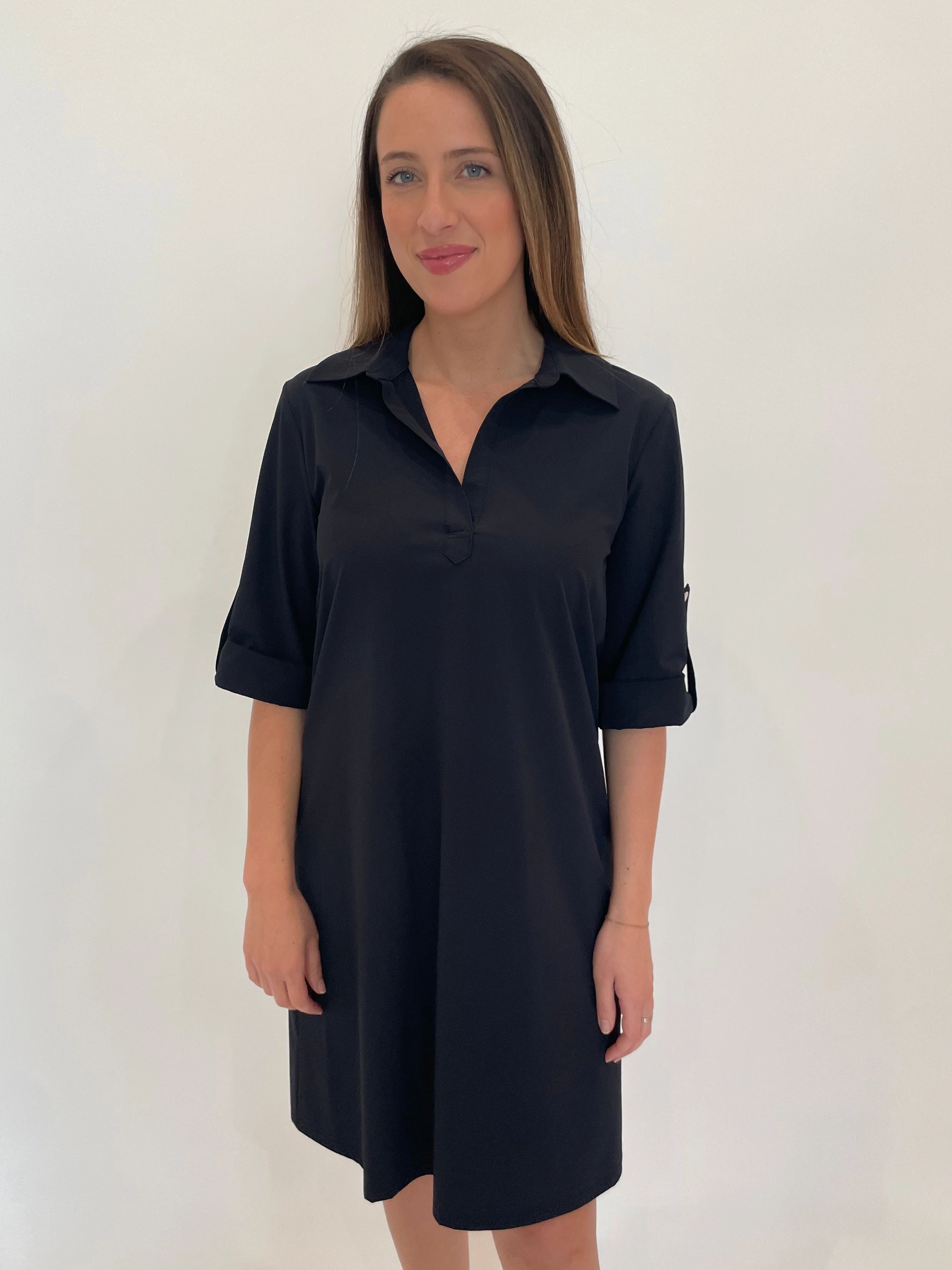 Ryan Tech Dress - Navy Side Slit Subtle pattern