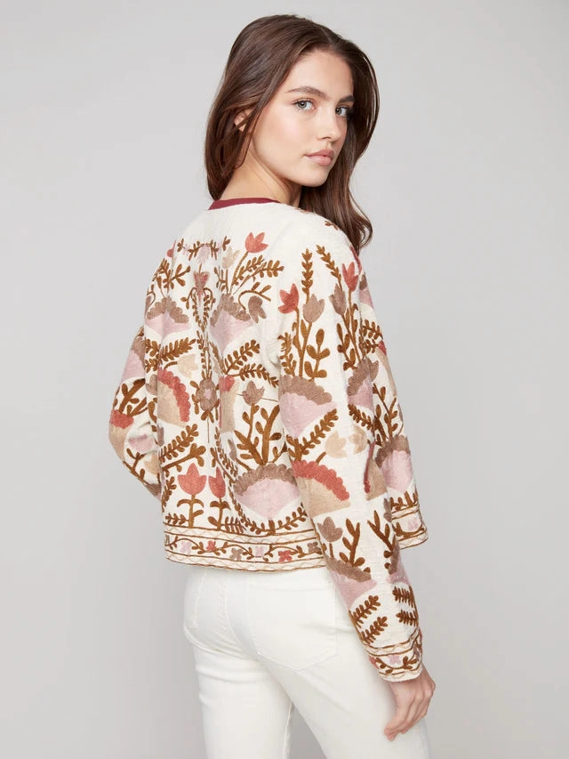 Charlie B. Embroidered Cotton Jacket- Ceremony Flattering Drape