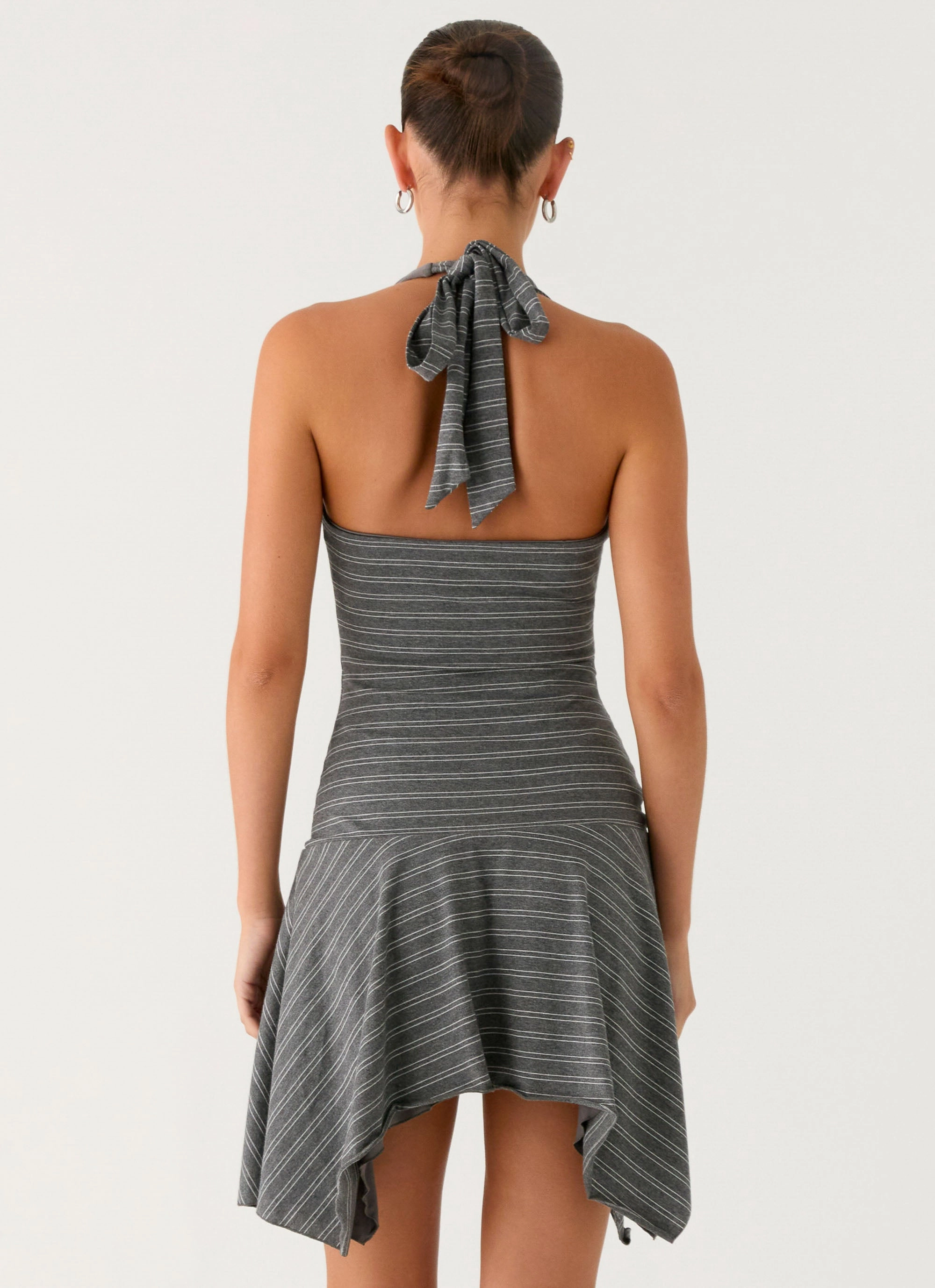 TearResistantFabric Relaxed Wear Bad Alive Halter Hanky Mini Dress - Grey Marle Stripe