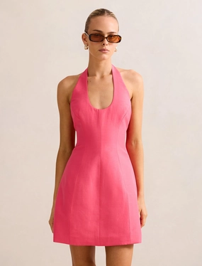 Esther U-Neck Halter Linen Mini Dress Rose Flush