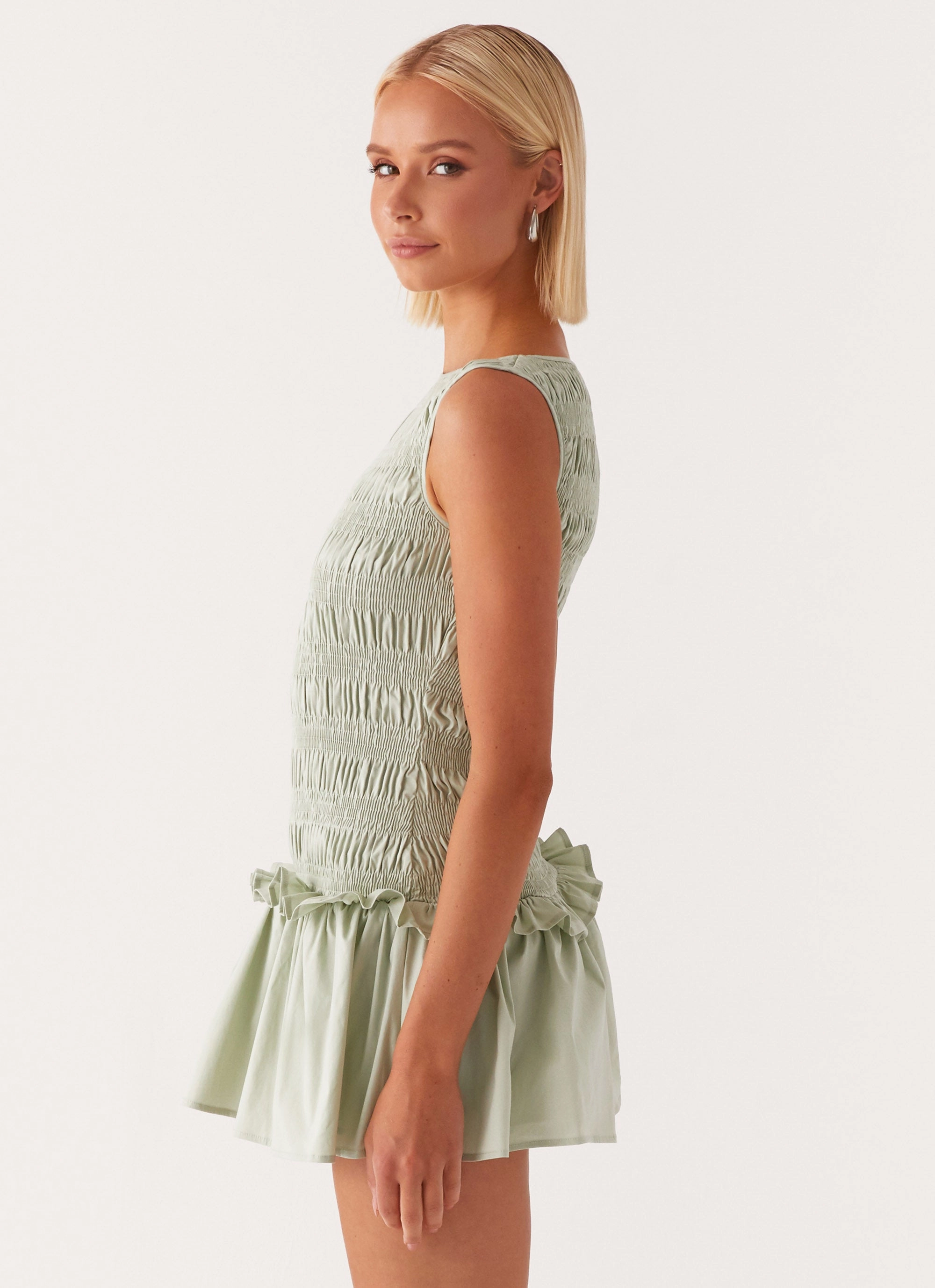 Versatile Layering Workwear Comfort Garden Kisses Shirred Mini Dress - Sage