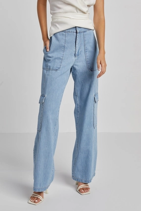 ReflectiveTrim Clean Fit Nolan High Waisted Slightly Wide Leg Denim Cargo Pants
