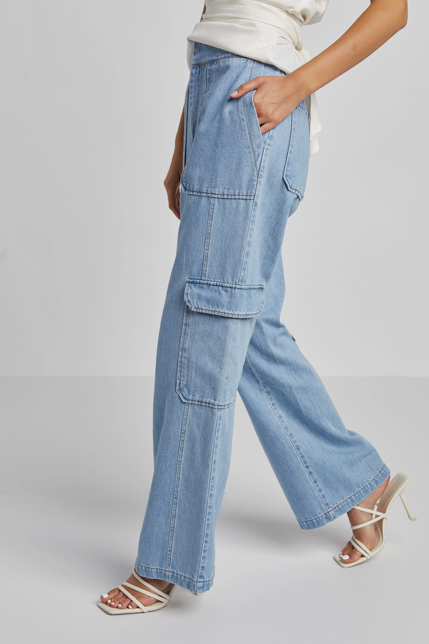 Nolan High Waisted Slightly Wide Leg Denim Cargo Pants Active Layer Snag Free Fabric