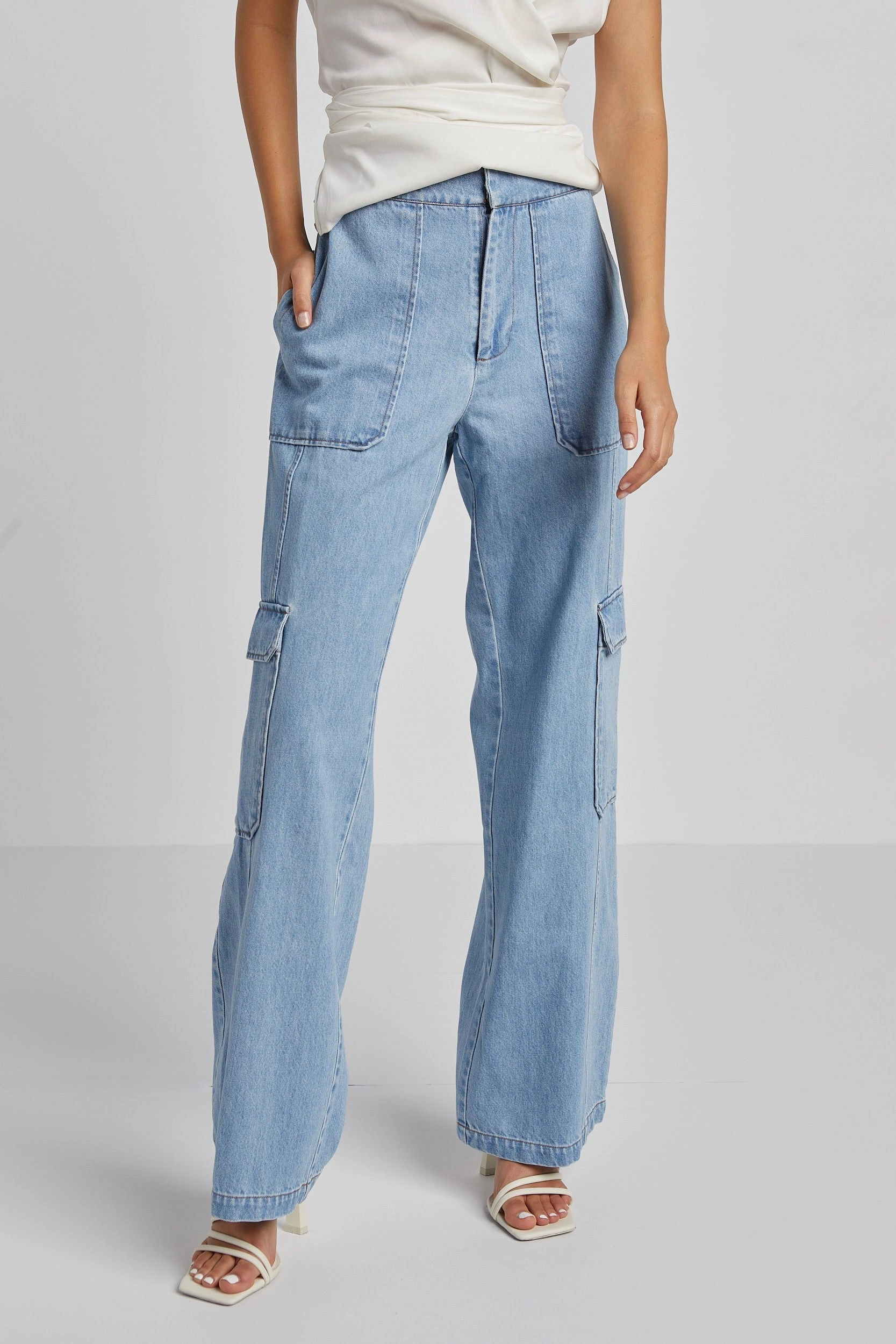ReflectiveTrim Clean Fit Nolan High Waisted Slightly Wide Leg Denim Cargo Pants