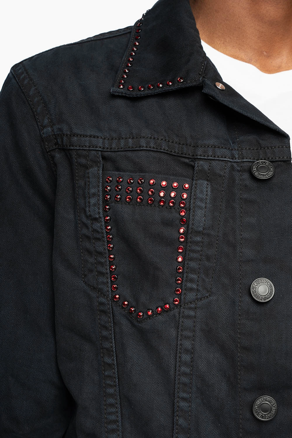 Anti Slip Cuffs MENS DENIM JACKET IN PURE BLACK EMBELLISHED WITH RED CRYSTALS