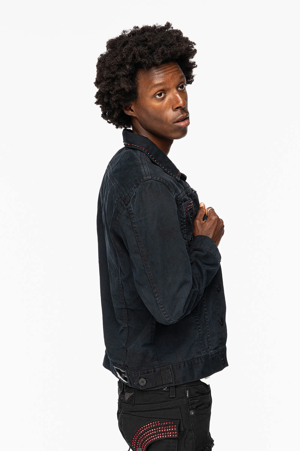 Mid Season Wear Quick Release Buckle Mechanism MENS DENIM JACKET IN PURE BLACK EMBELLISHED WITH RED CRYSTALS