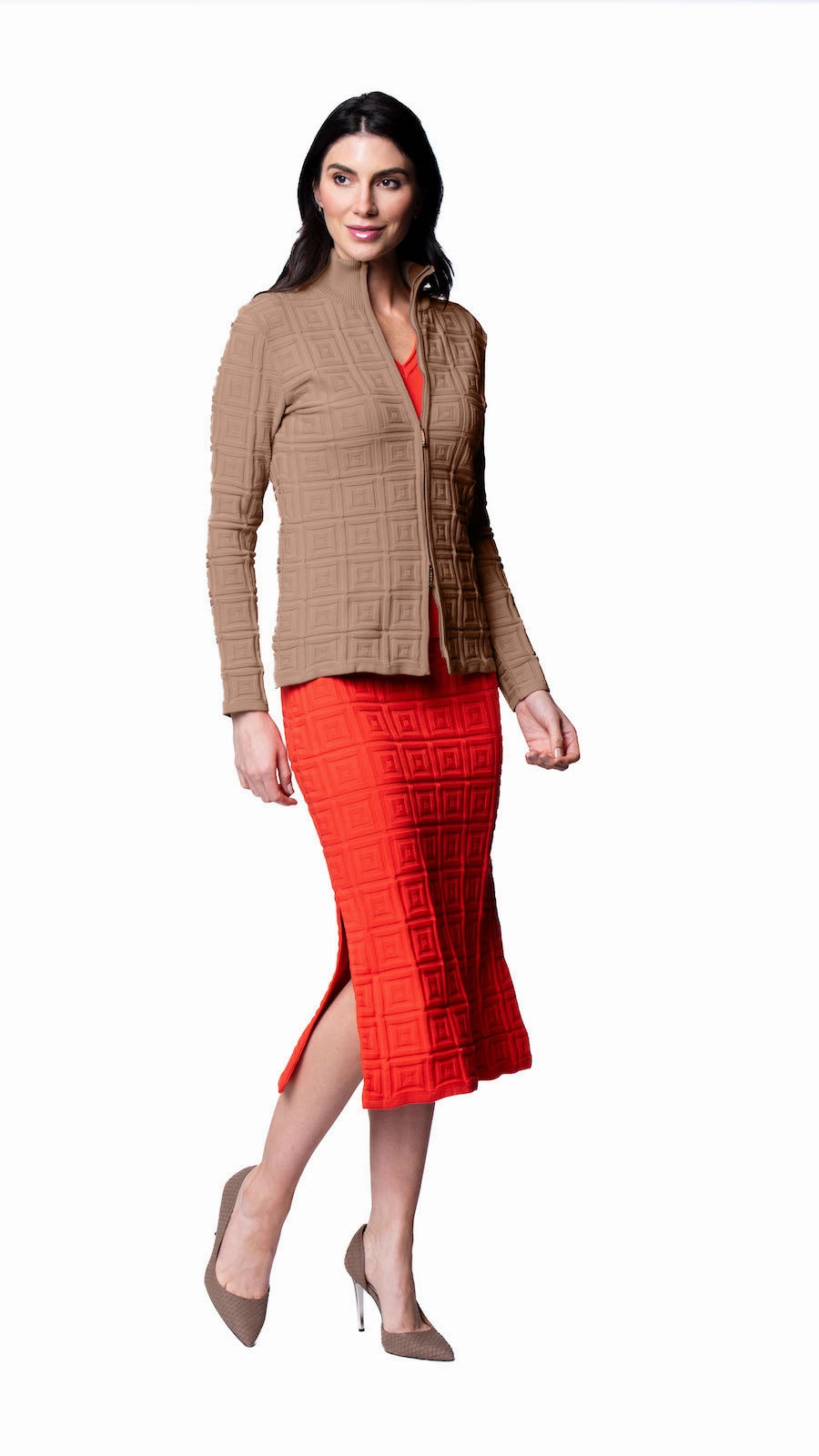 Zoe Square-Detail Knit Jacket - Mocha Flexible Hem Adjustment All Season Performance Weave
