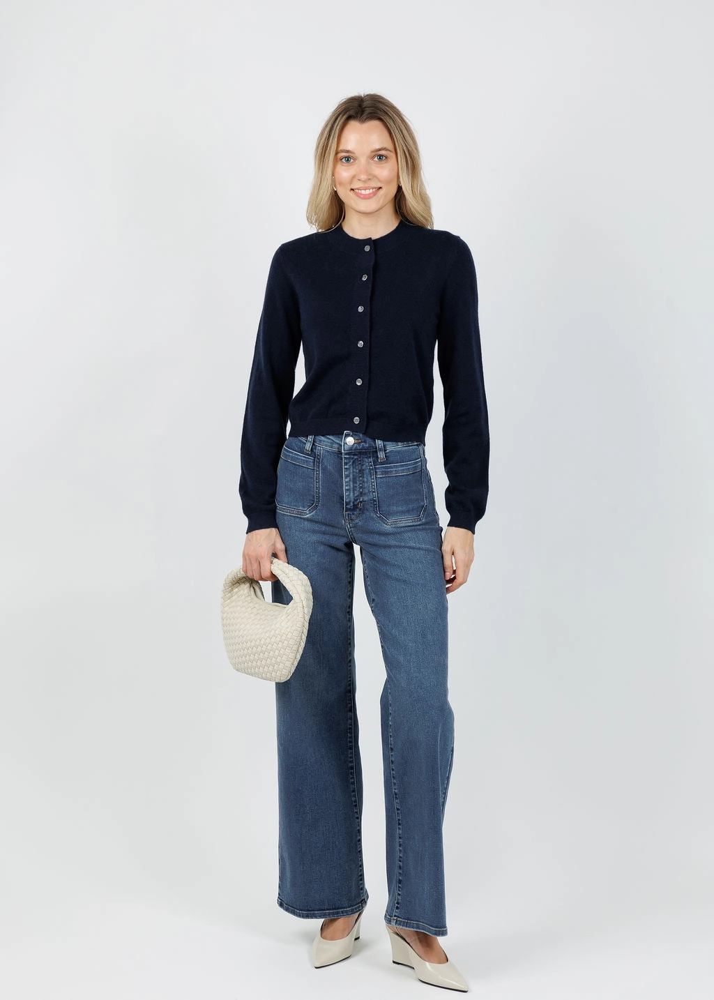 Static Reducing Finish Classic Crew Neck Classic Boyfriend Cardigan - Midnight