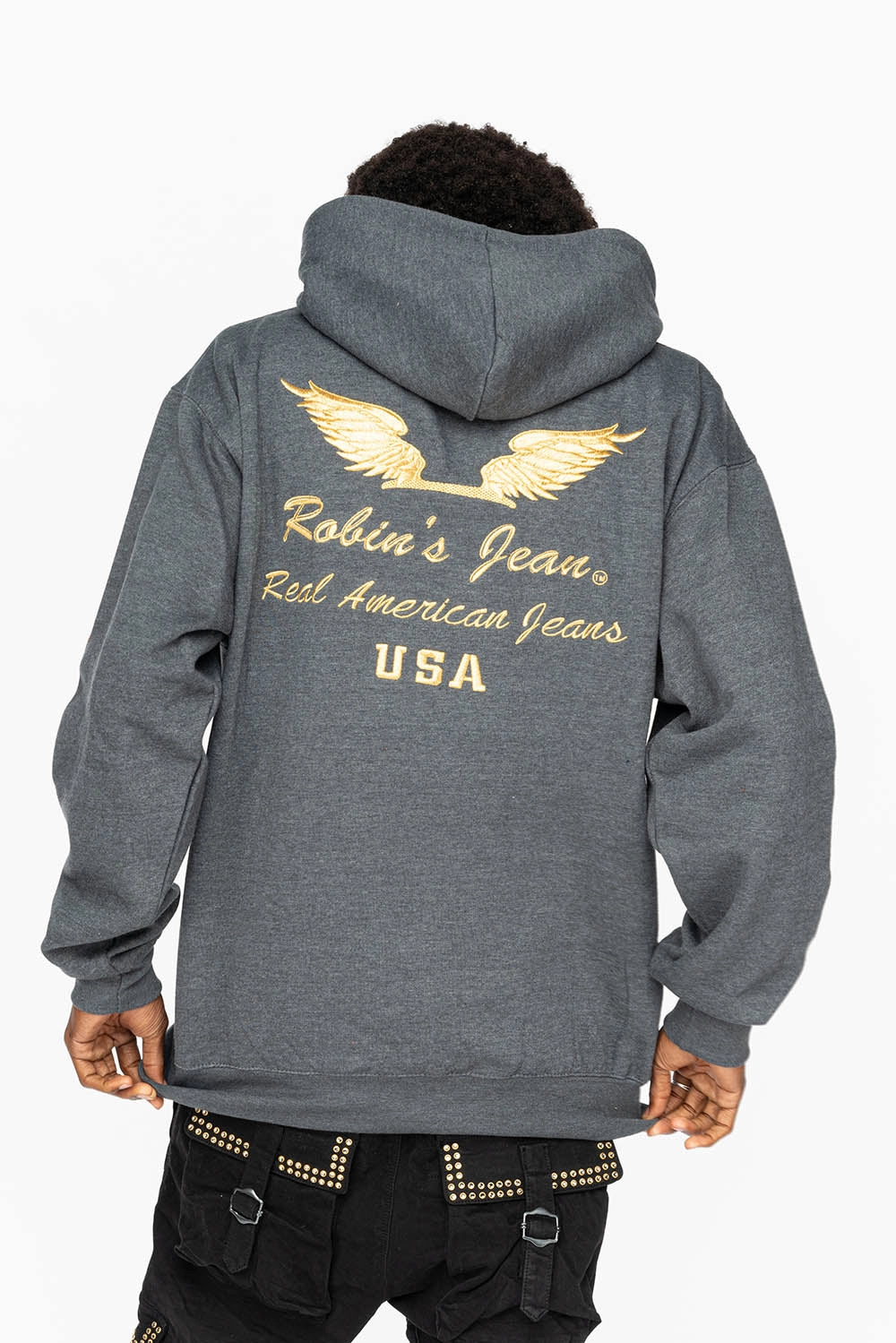 casual top PULLOVER HOODIE IN DARK HEATHER  WITH GOLD WINGS EMBROIDERY
