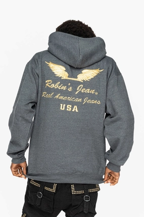 casual top PULLOVER HOODIE IN DARK HEATHER  WITH GOLD WINGS EMBROIDERY