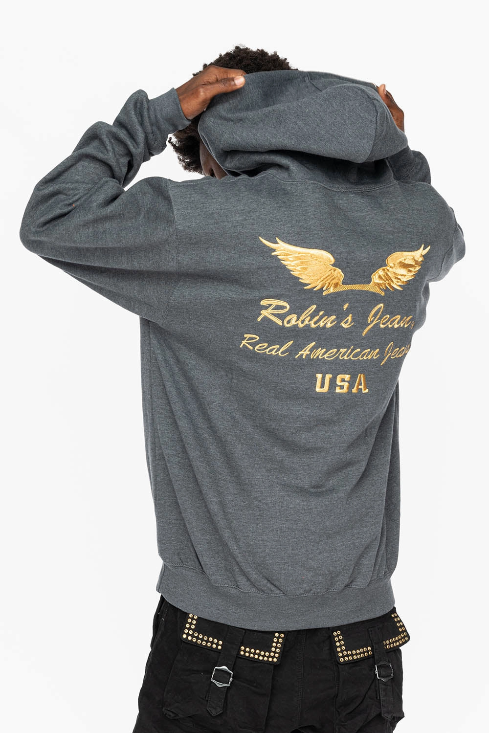 Monochrome Look Timeless Chic PULLOVER HOODIE IN DARK HEATHER  WITH GOLD WINGS EMBROIDERY