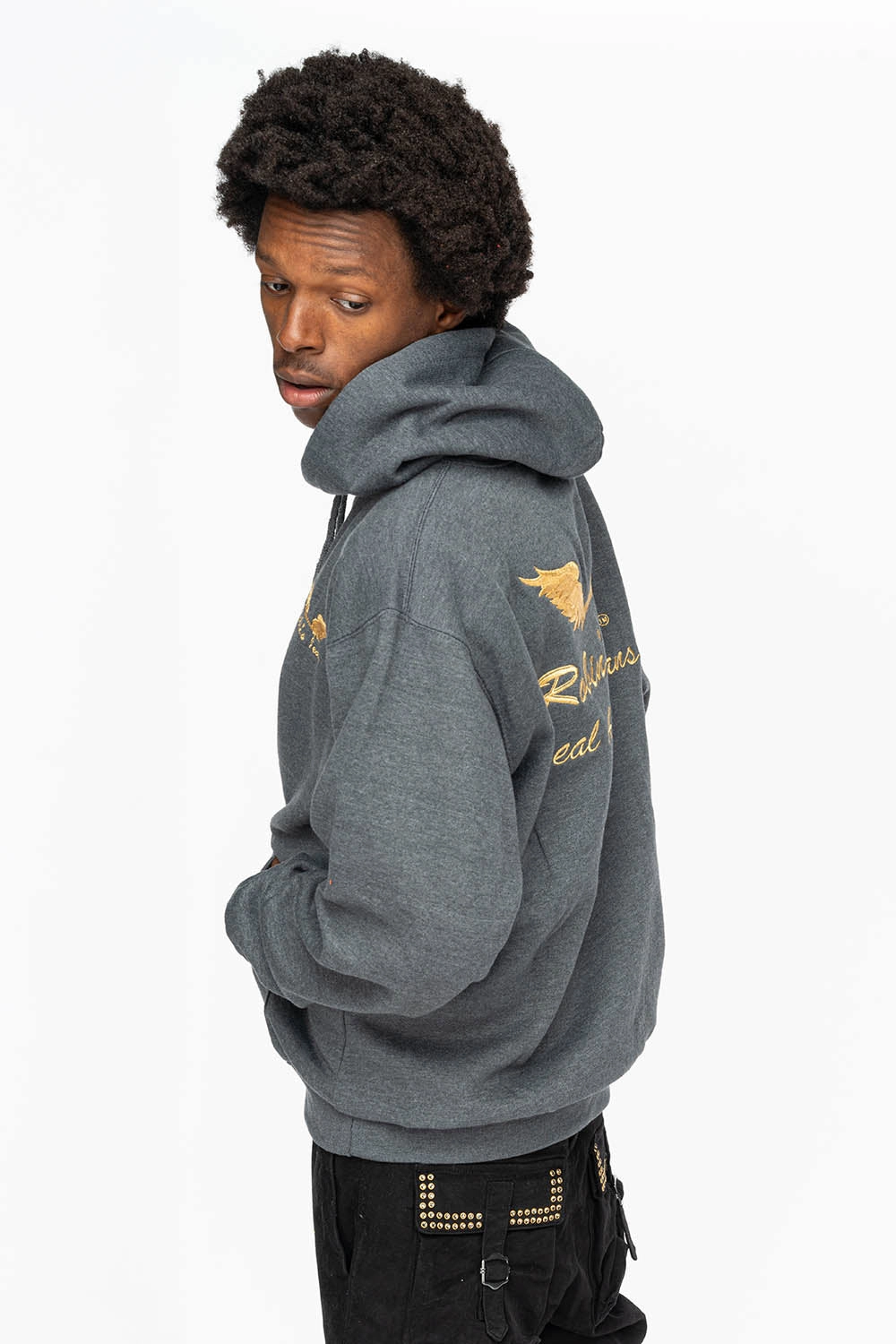 PULLOVER HOODIE IN DARK HEATHER  WITH GOLD WINGS EMBROIDERY comfortable for sitting