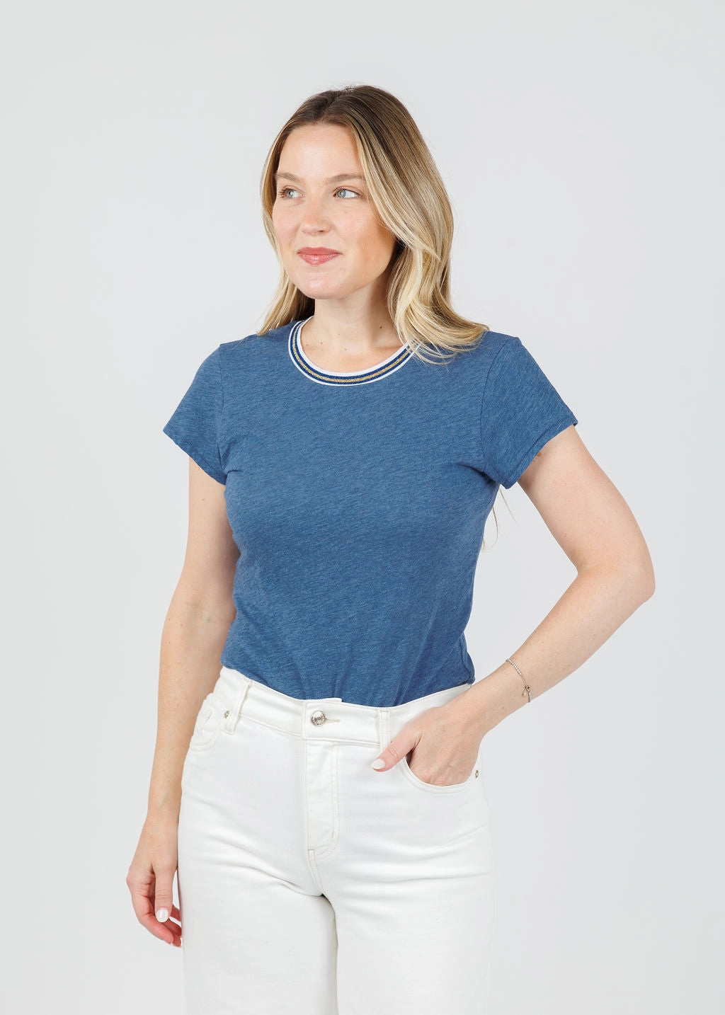 Classic Metallic Tipped Ringer Tee - Denim Heather Sustainable Dye Process Stretch Fit Technology