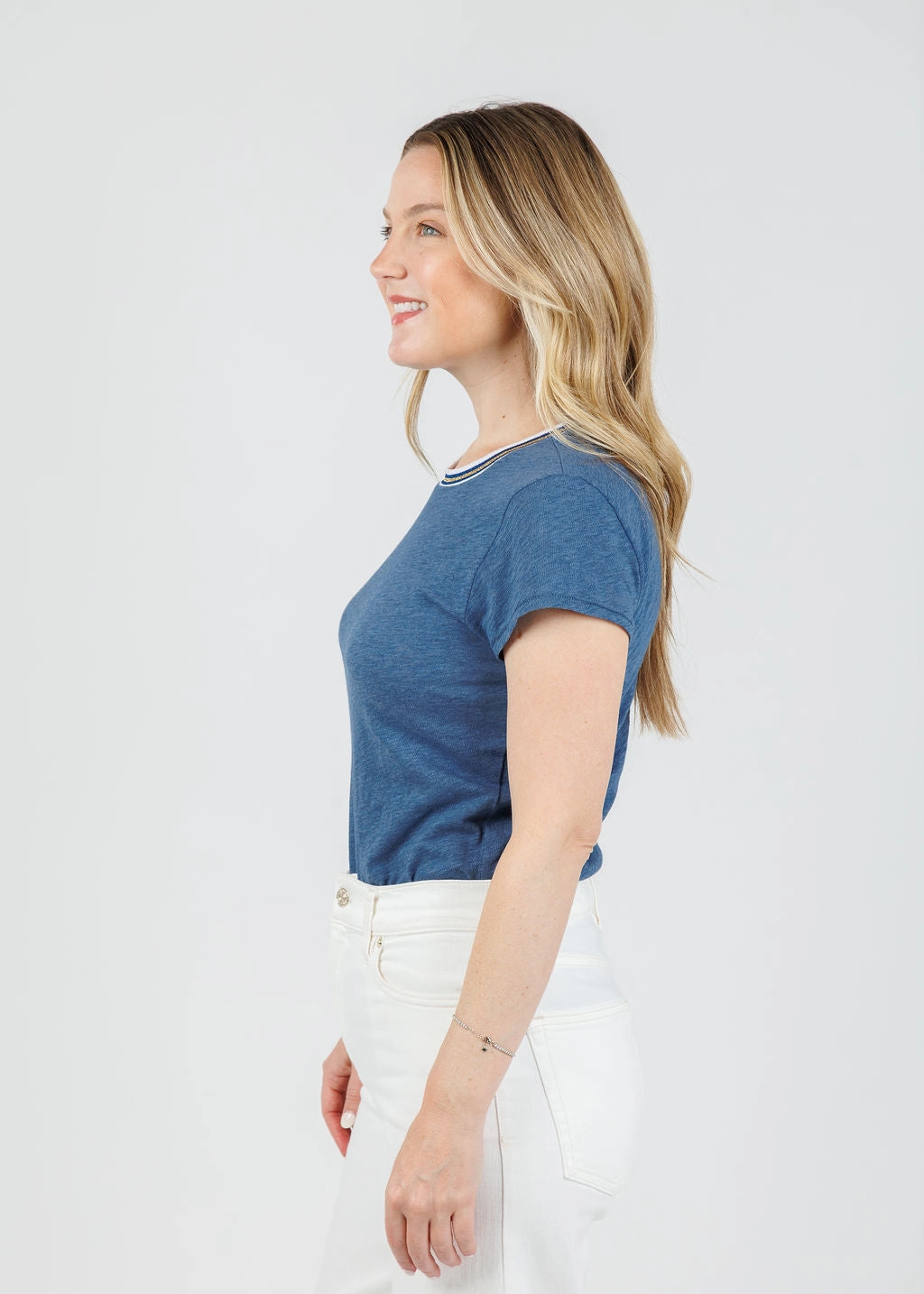 Casual Elegance Classic Metallic Tipped Ringer Tee - Denim Heather